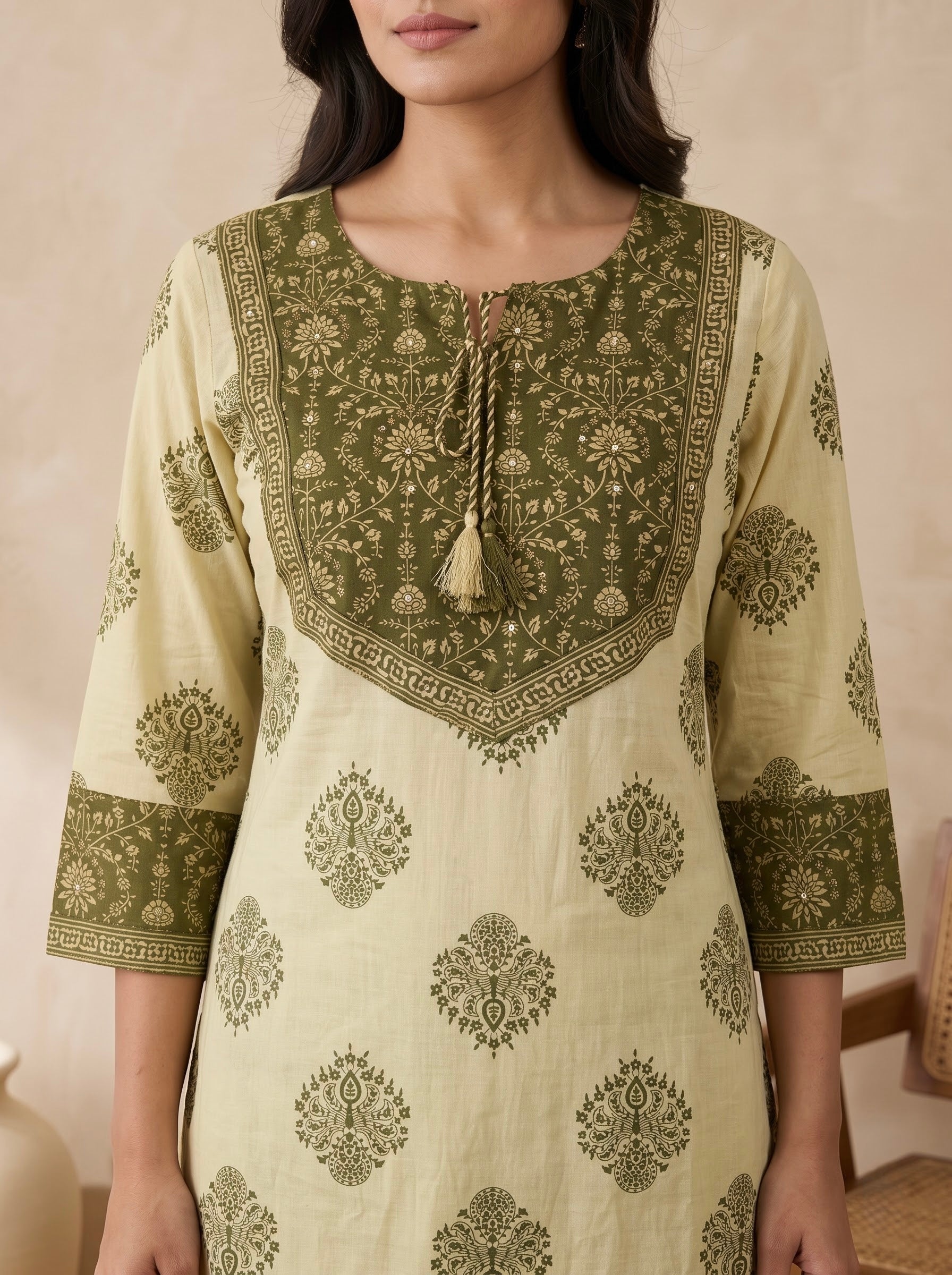Olive Green Block Print Premium Cotton Kurta Palazzo Set