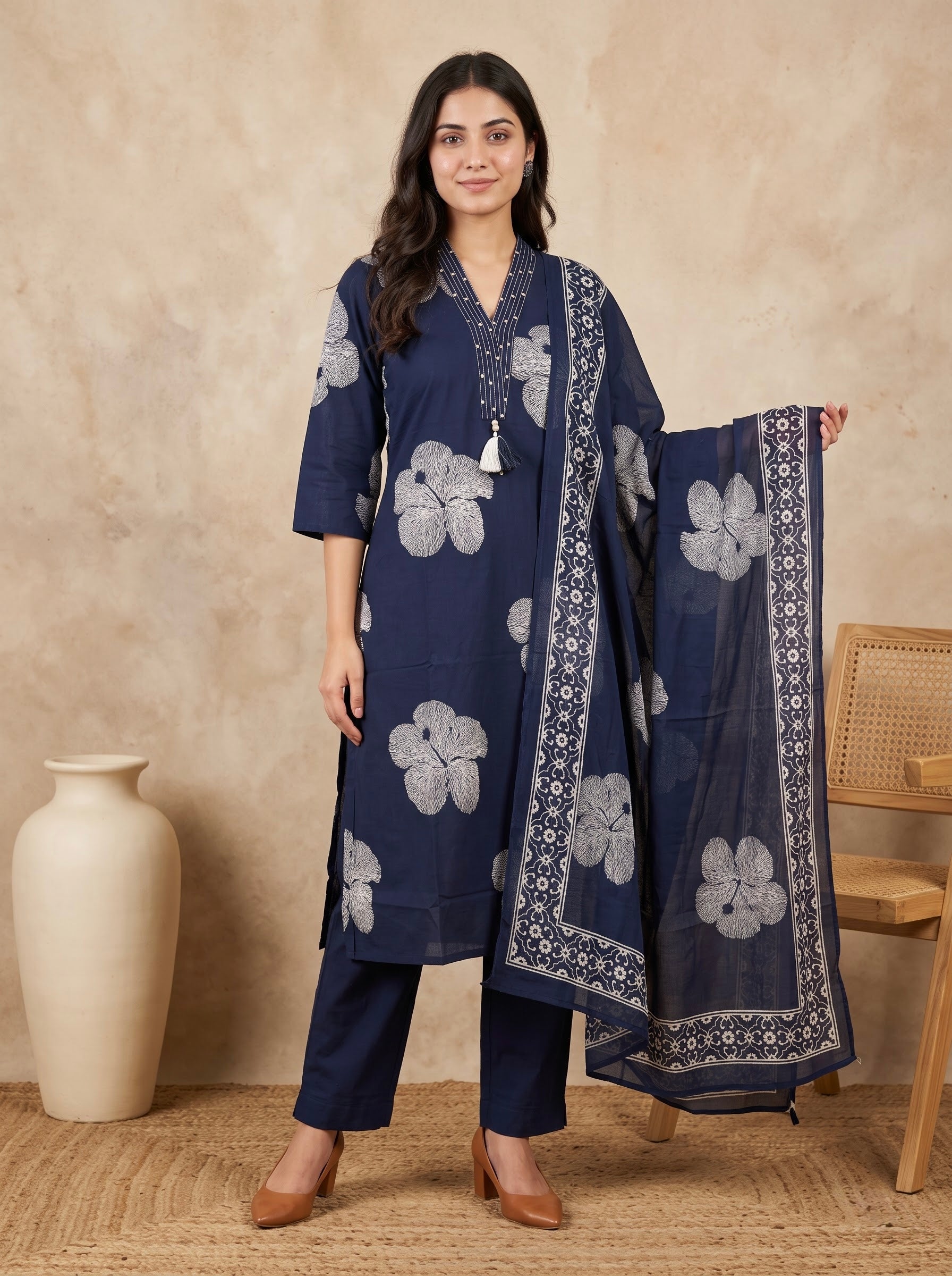 Navy Blue Floral Print Premium Cotton Kurta Pant Set