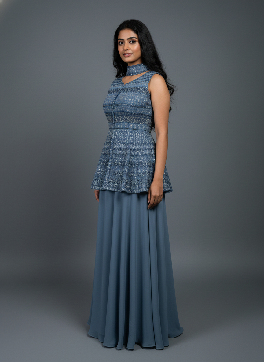 Dusty Blue Embroidered Peplum Top with Flowy Skirt Set