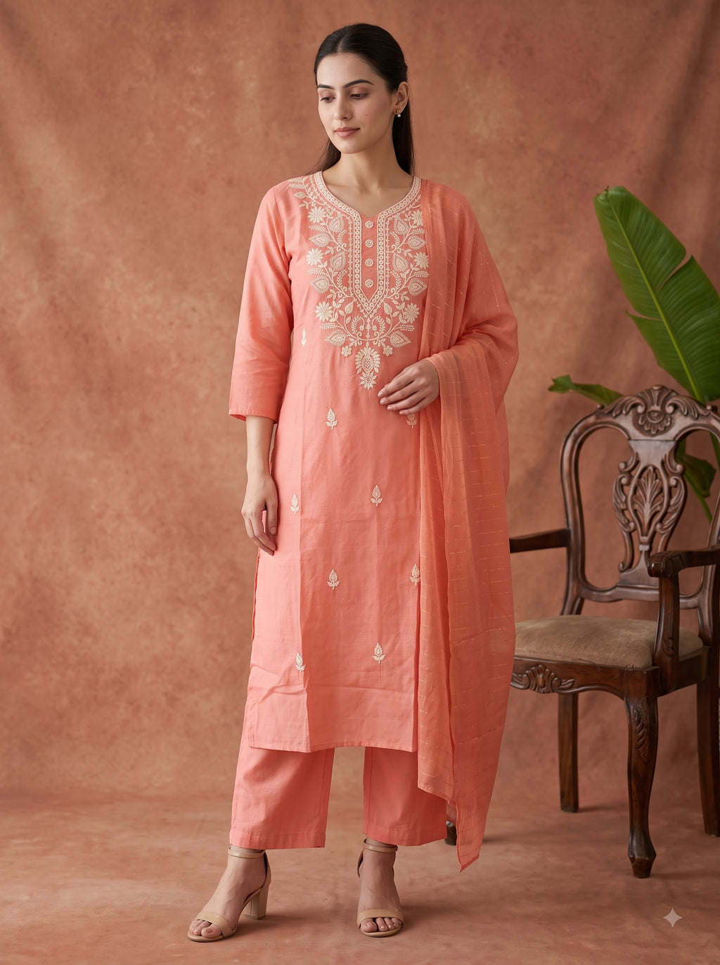 Peach Chikankari Embroidered Slub Cotton Kurta Set