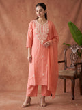 Peach Chikankari Embroidered Slub Cotton Kurta Set