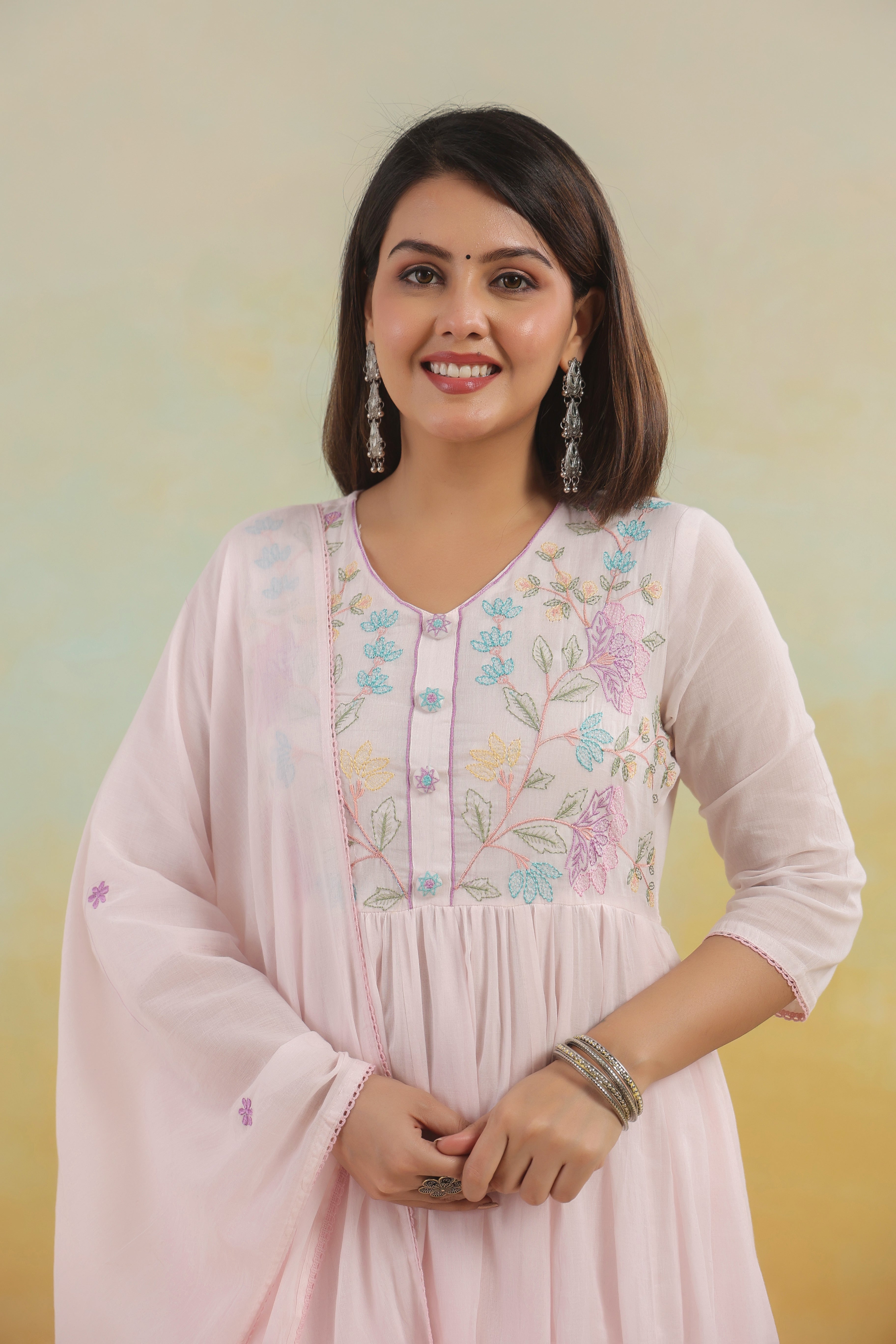 Anarkali Pastel Pink Mul  Cotton Suit