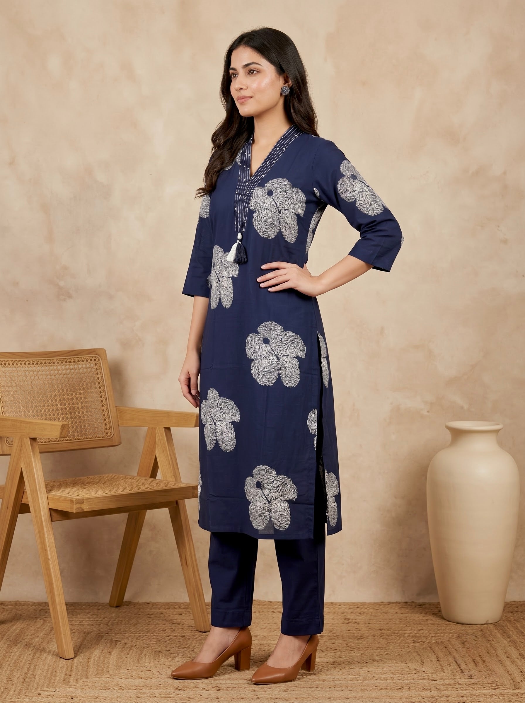 Navy Blue Floral Print Premium Cotton Kurta Pant Set