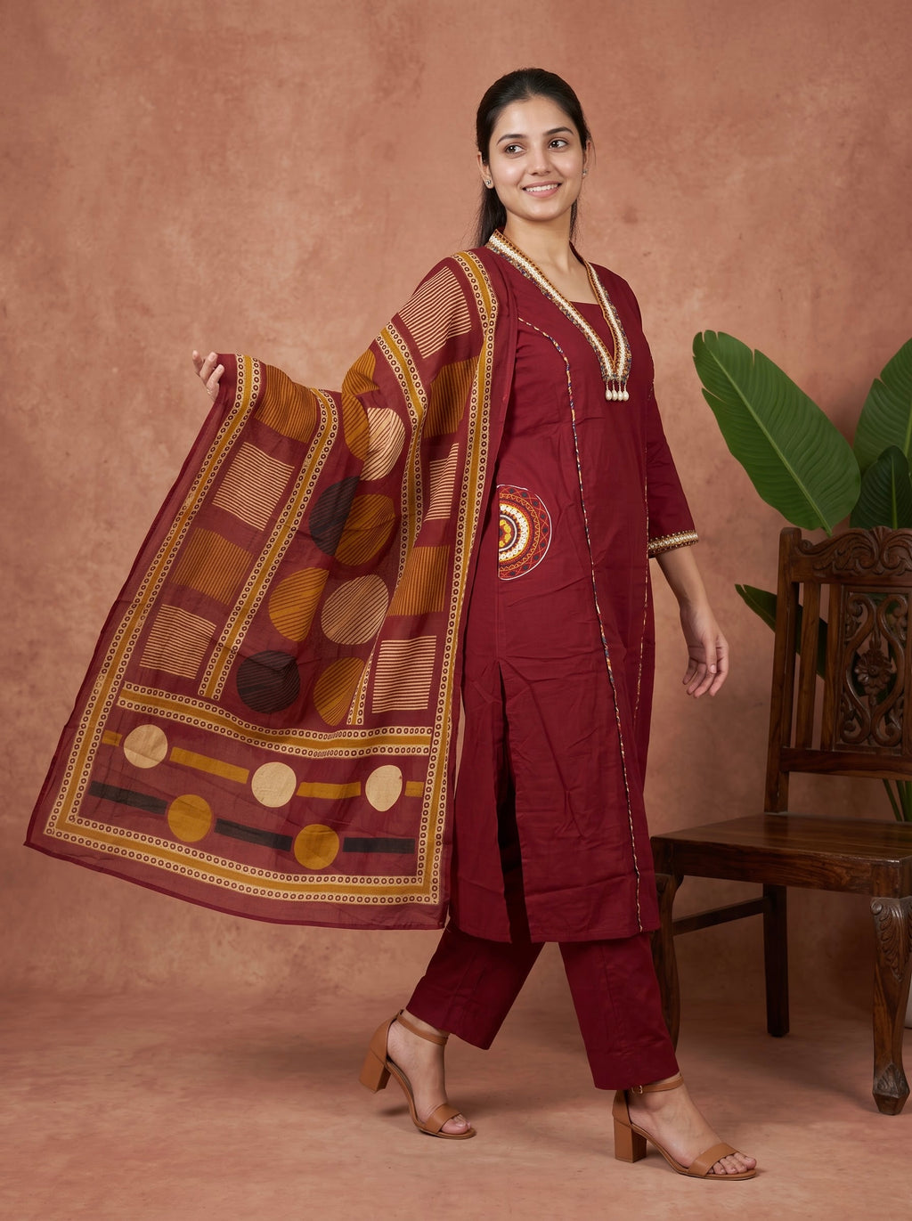 Maroon Premium Cotton Kurta Set with Embellished Neck & Printed Dupatta