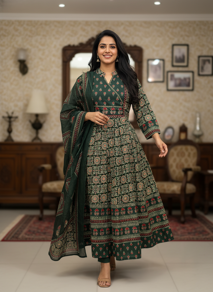 Emerald Green Ajrakh Cotton Anarkali Set for Women – Block Print Ethnic Kurta