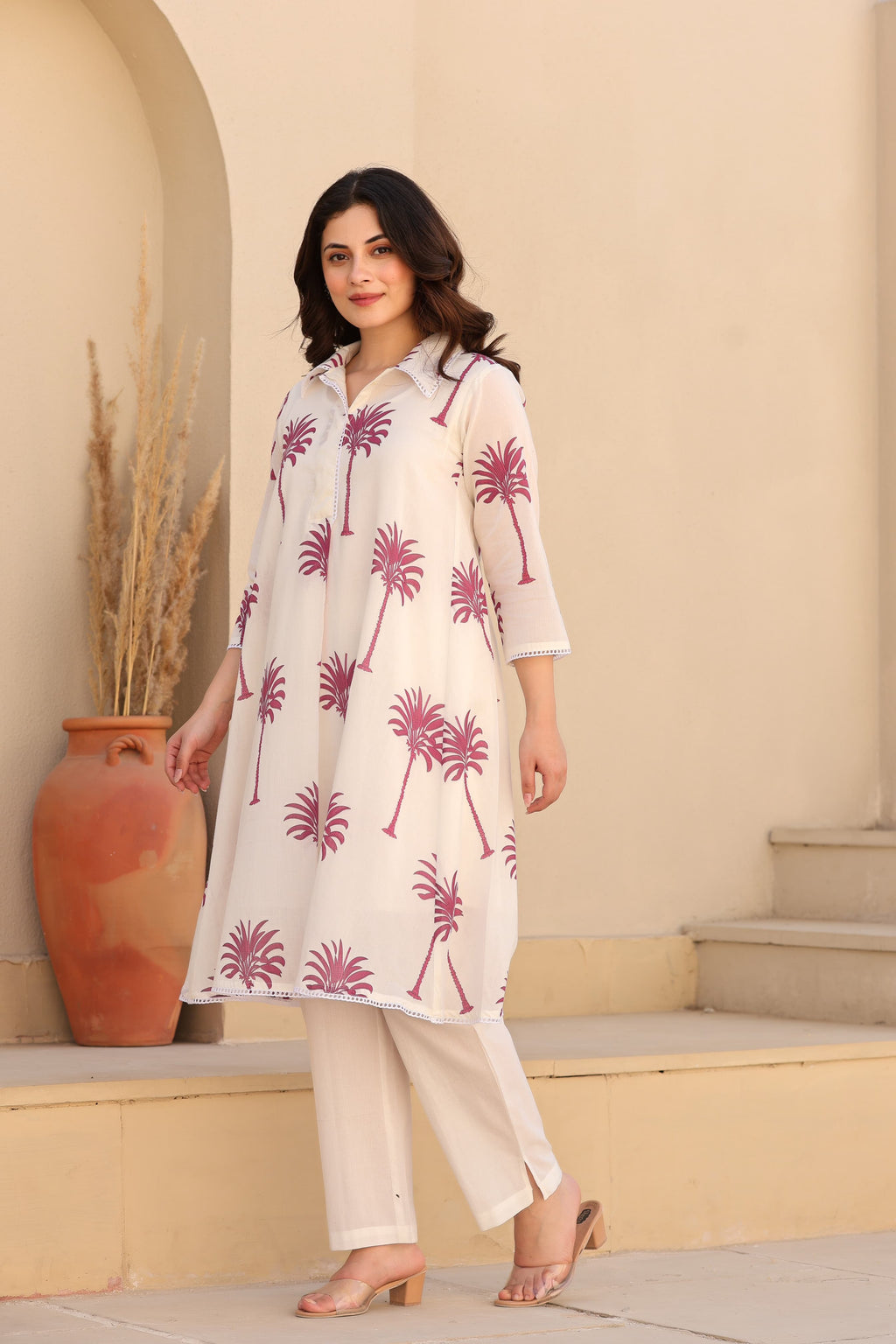 Tropical Blush – White & Rose Block Printed Premium Cotton Co-ord Set