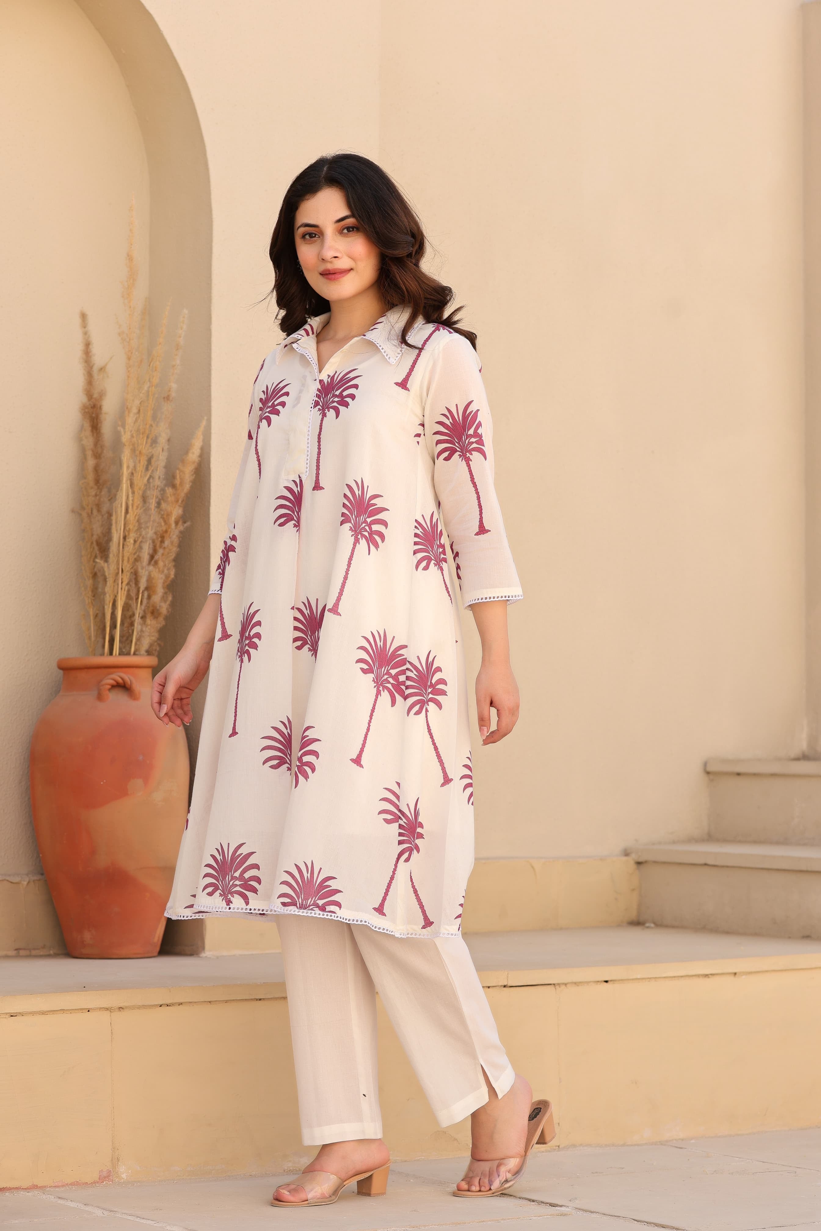 Tropical Blush – White & Rose Block Printed Premium Cotton Co-ord Set
