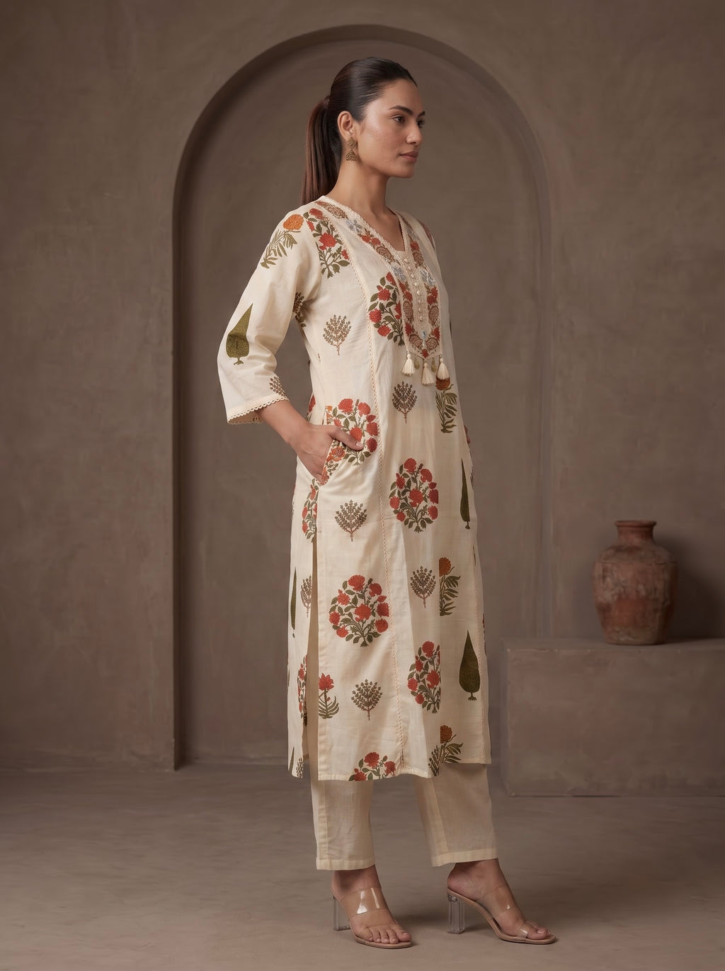 Ivory Mughal Floral Print Premium Cotton Kurta Set