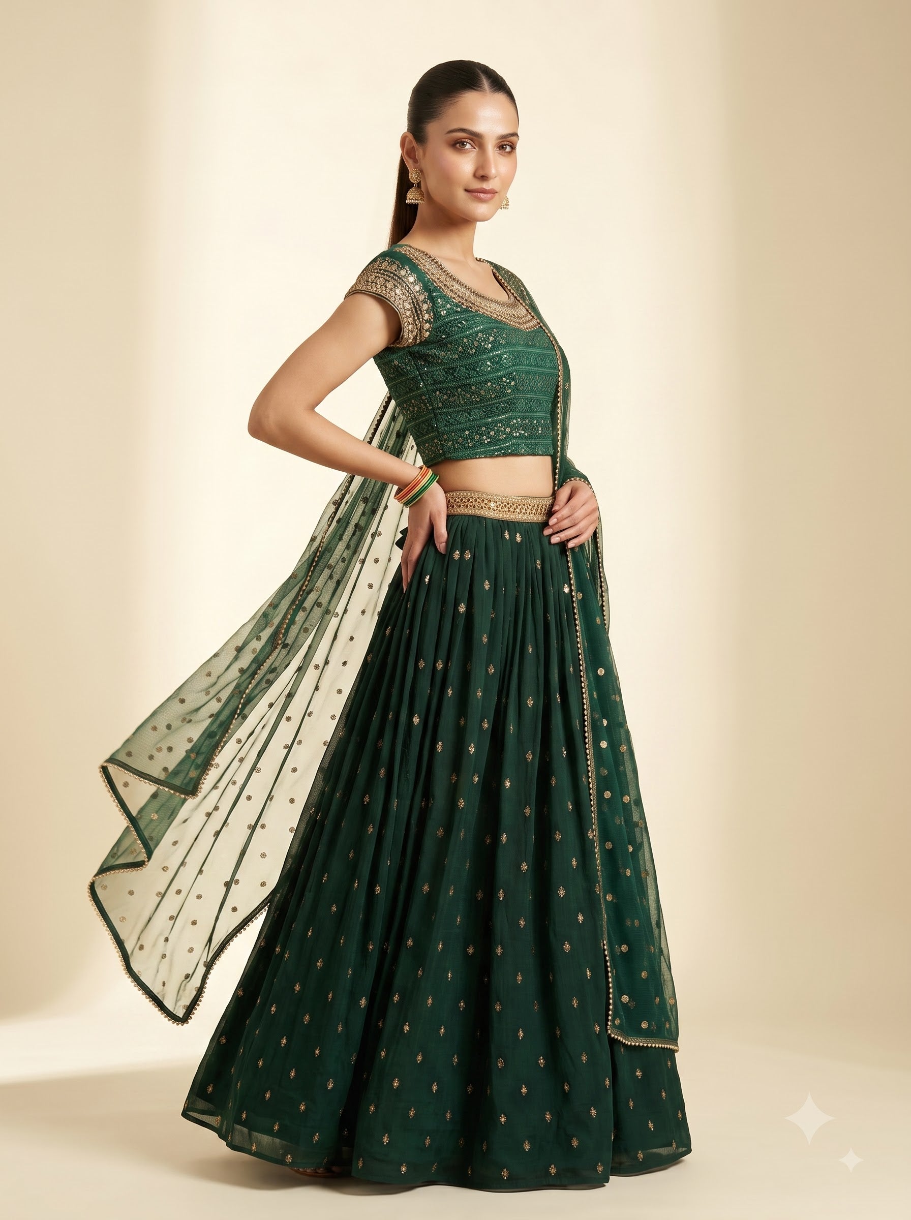 Bottle Green Georgette Lehenga Set with Sequin Embroidered Blouse & Net Dupatta