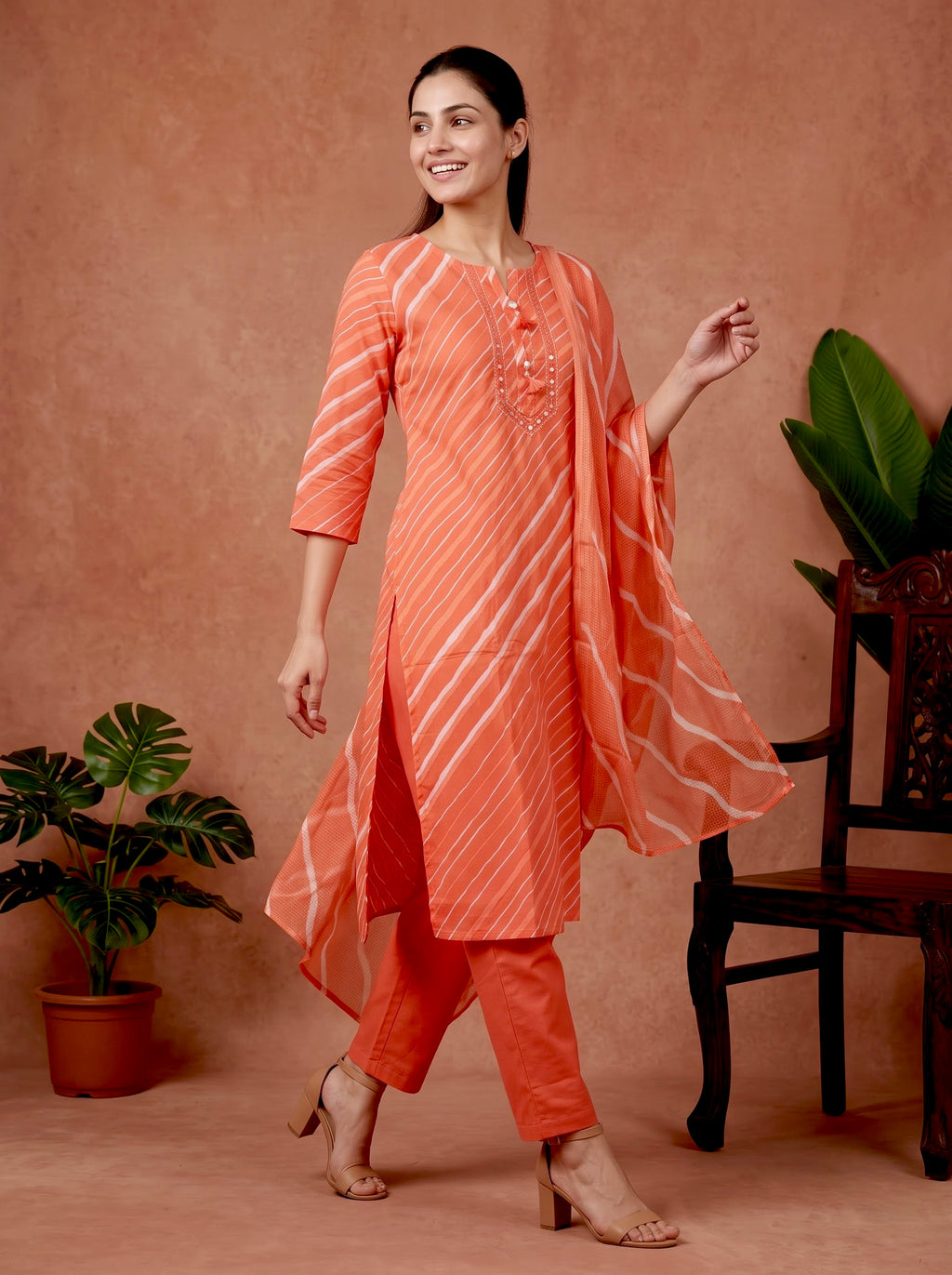 Peach Leheriya Print Premium Cotton Kurta Set