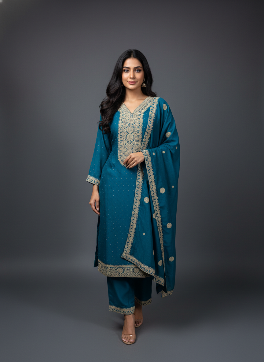 Regal Firozi Viscose Suit Set with Heavy Gold Zari Embroidery