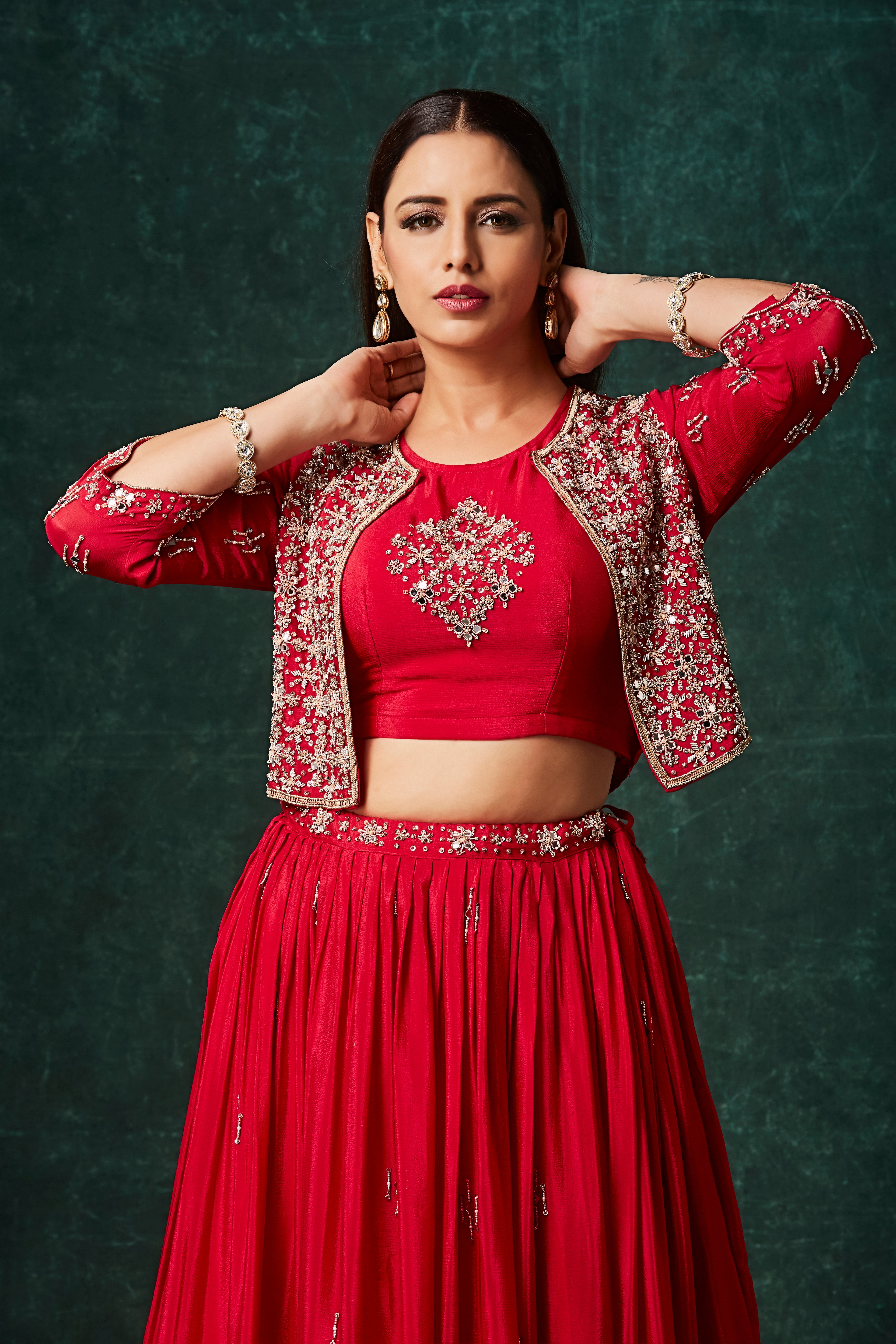 The Crimson Red Lehenga Set with Embroidered Jacket