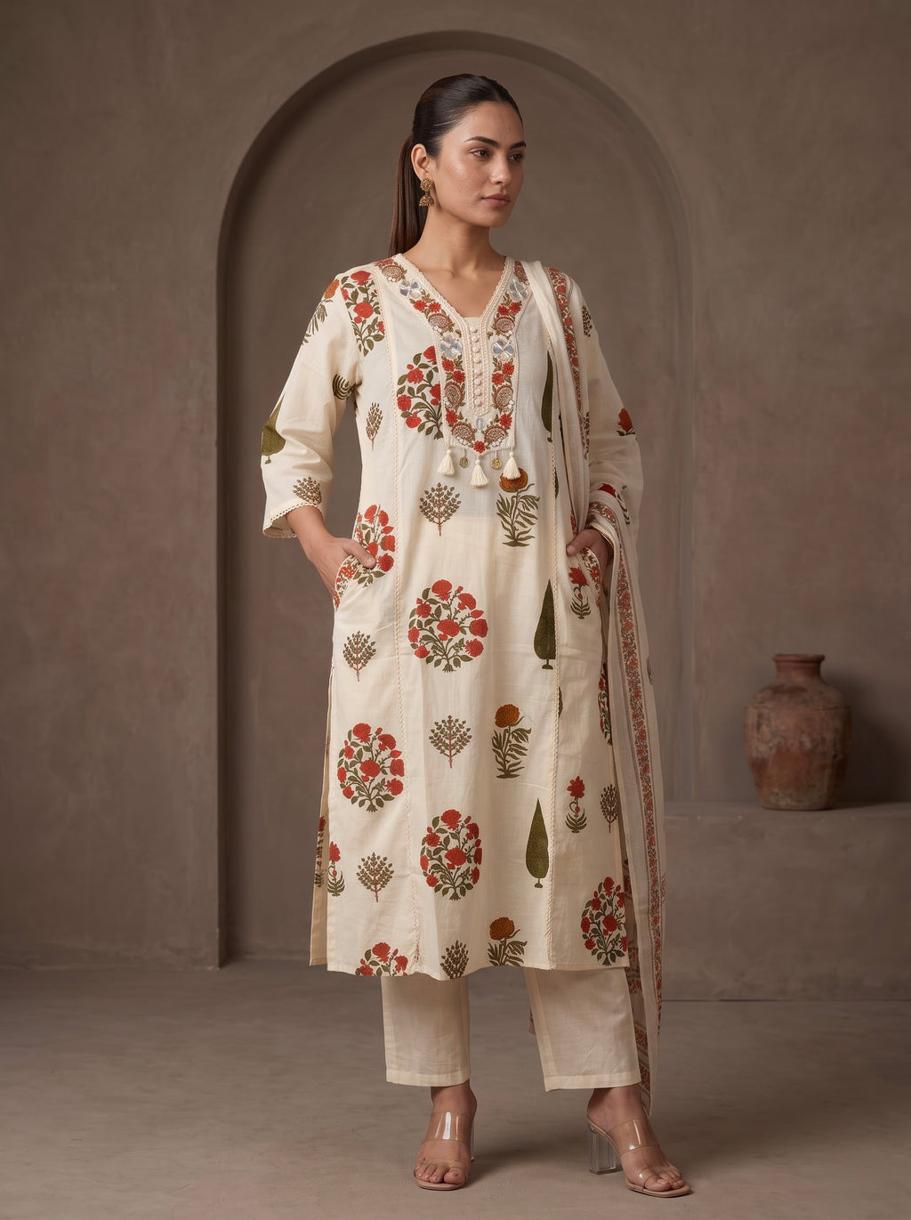 Ivory Mughal Floral Print Premium Cotton Kurta Set