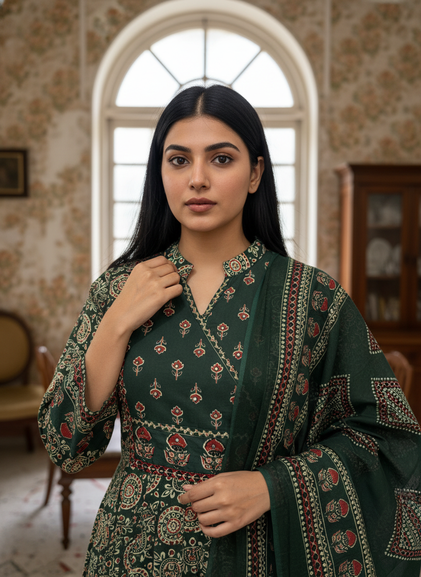 Emerald Green Ajrakh Cotton Anarkali Set for Women – Block Print Ethnic Kurta