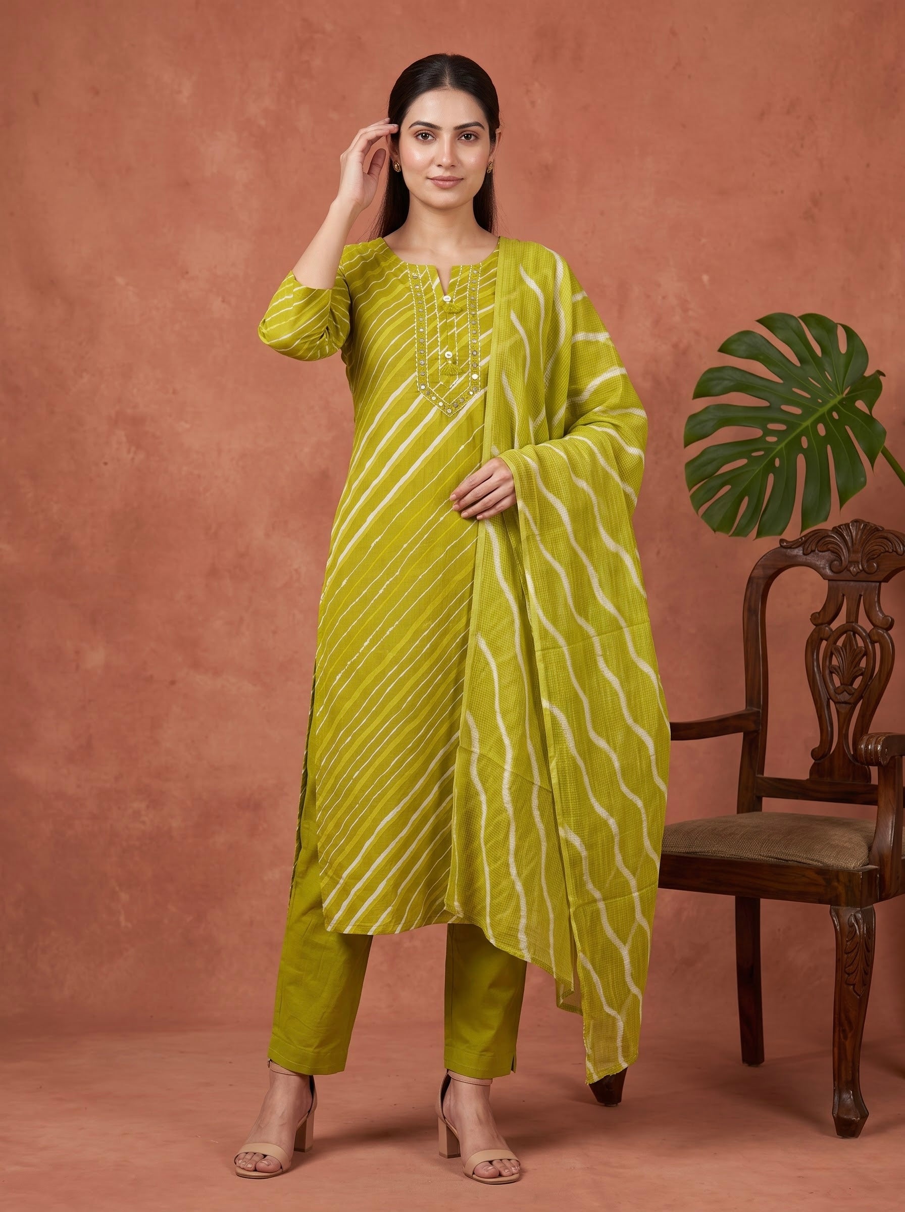 Mehndi Green Leheriya Print Premium Cotton Kurta Set
