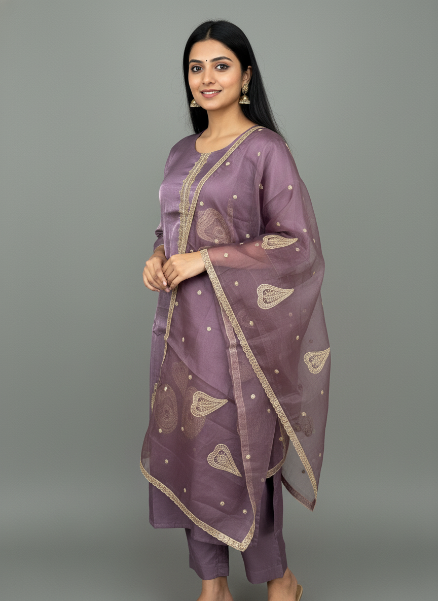 Lavender Silk Embroidered Suit Set with Organza Dupatta