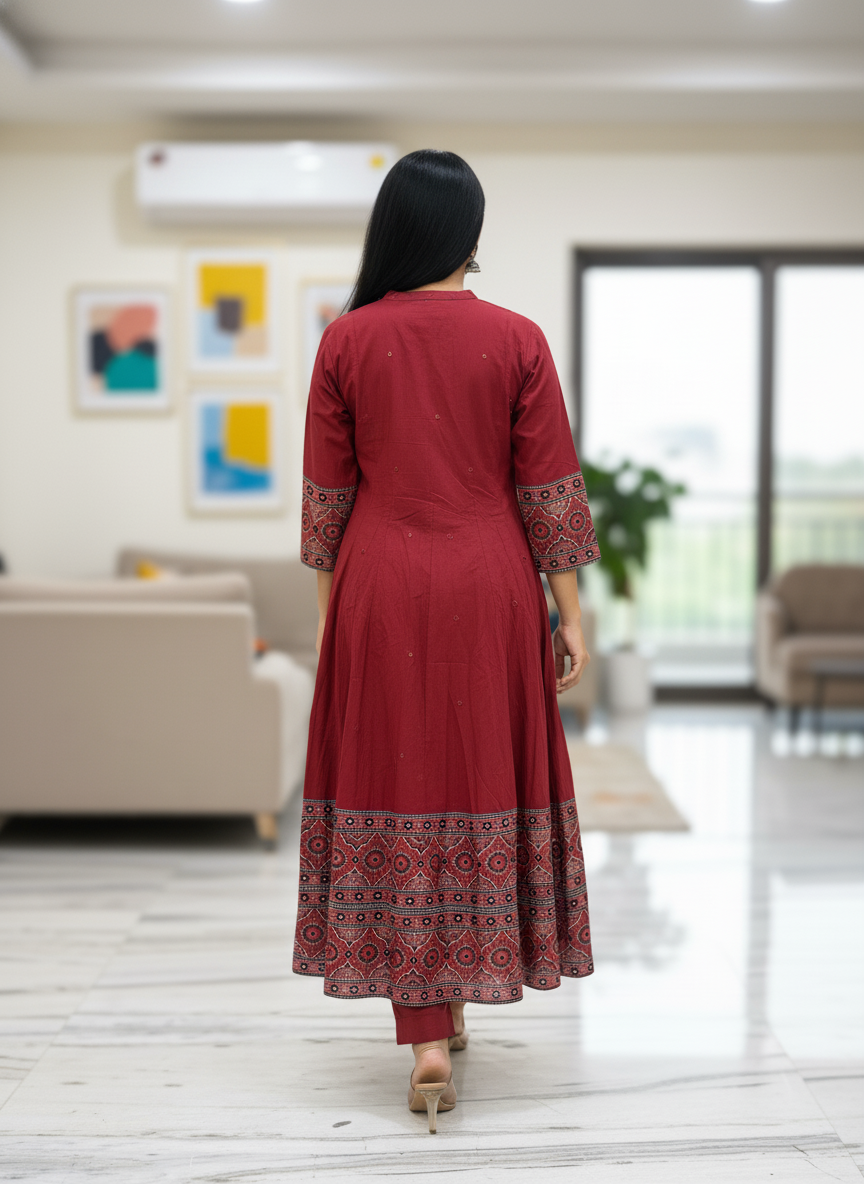 Brick Red Ajrakh Print Anarkali Cotton 3-Piece Suit Set