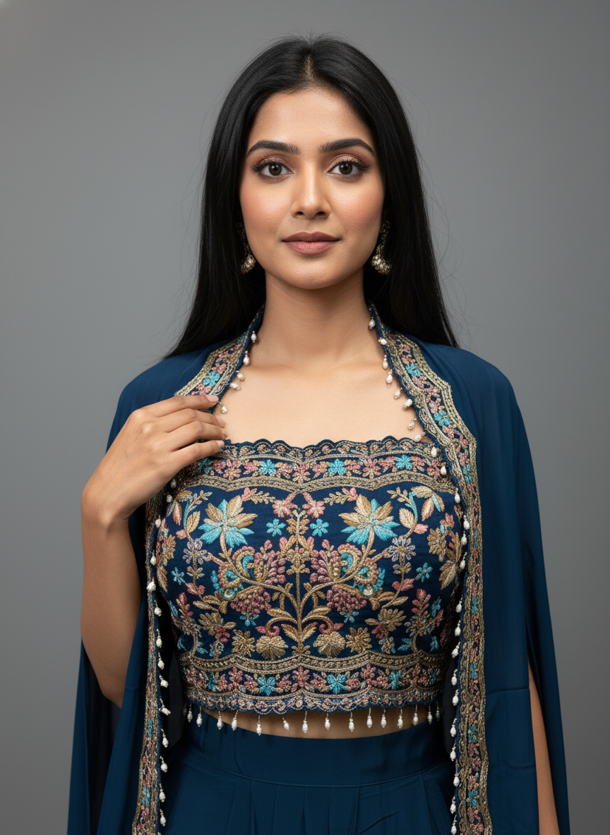 Blue Crepe Skirt Set | Cape Style Festive Outfit