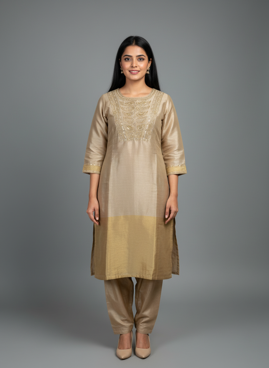 Champagne Gold Pure Tissue Silk Hand-Embroidered Suit Set
