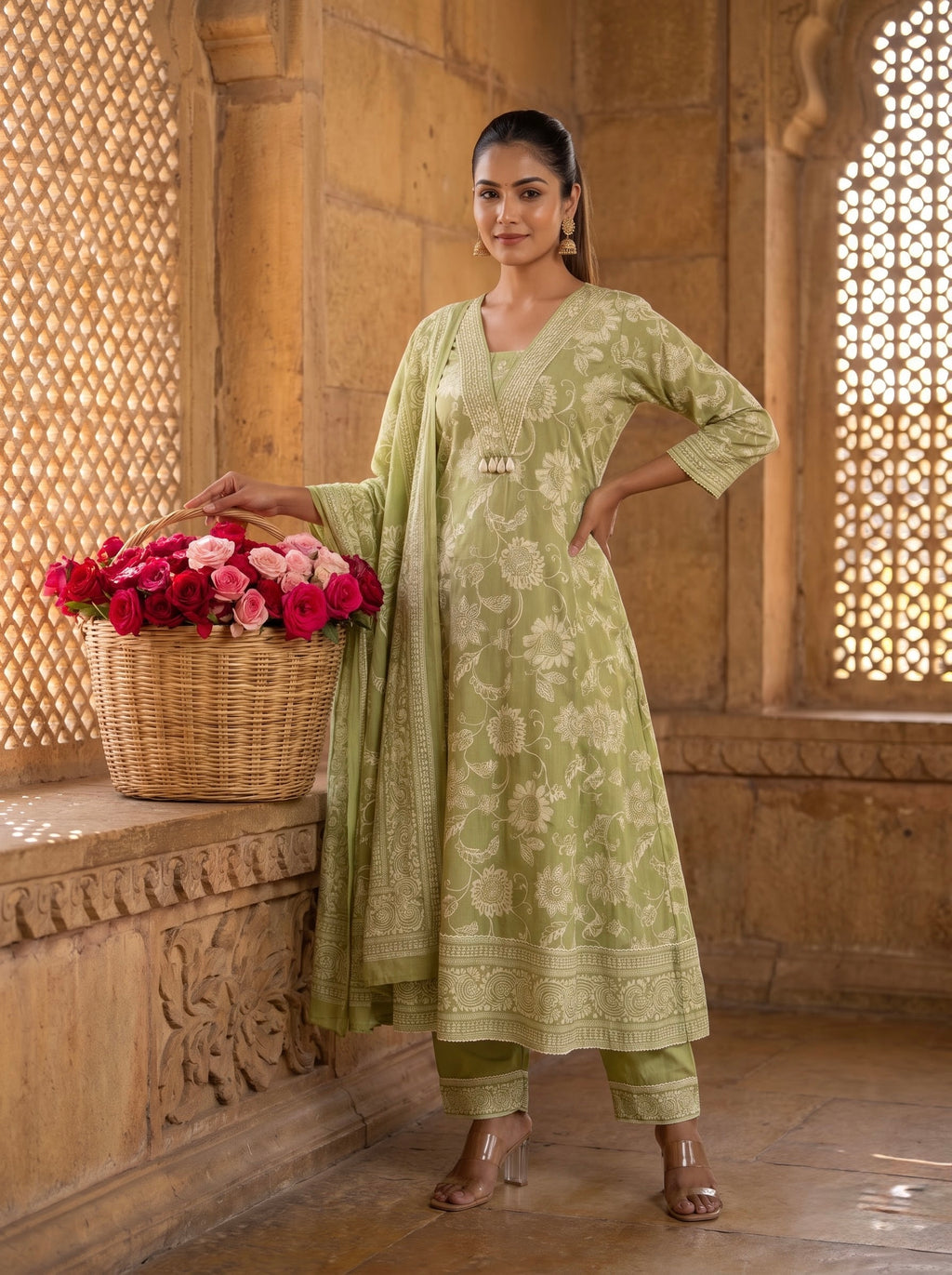 Sage Green Floral Print Premium Cotton Kurta Set