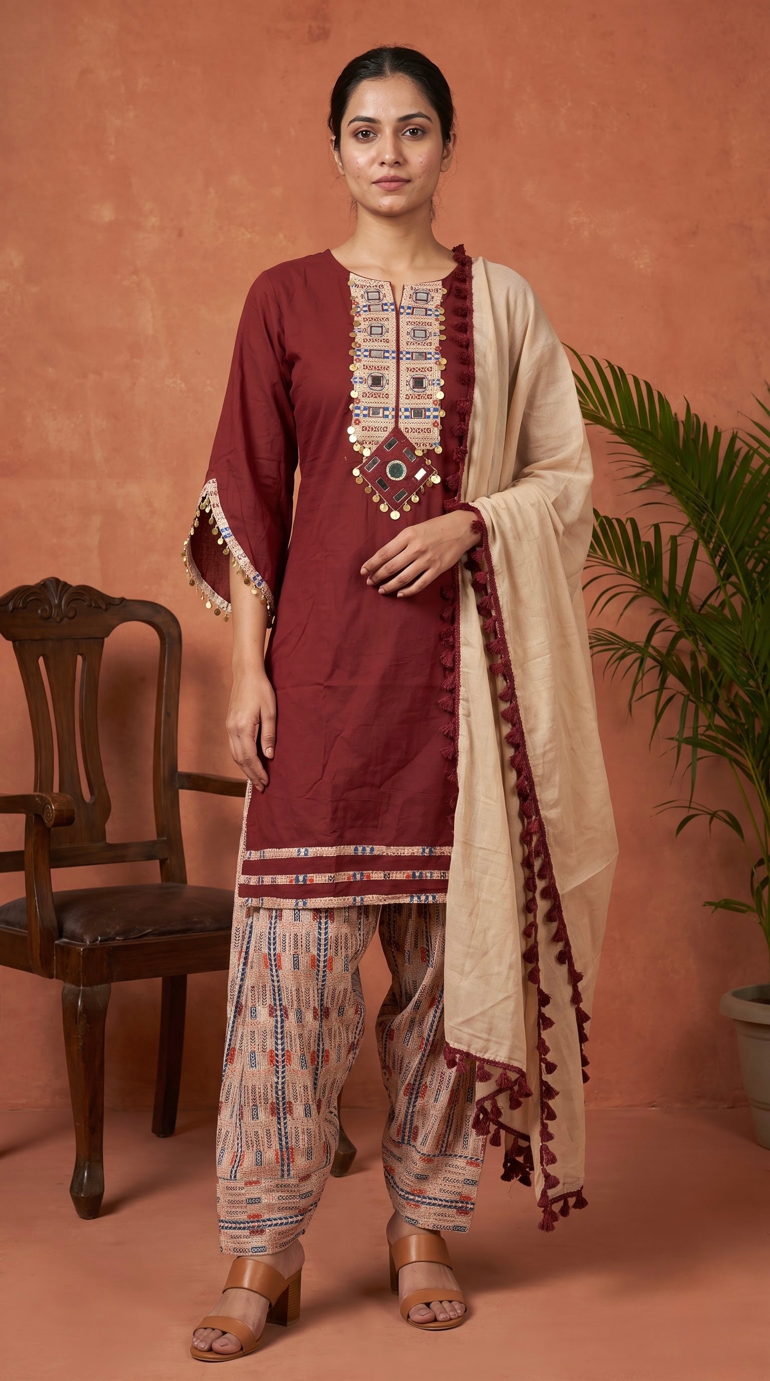Maroon Mirror Work Premium Cotton Kurta Set with Printed Salwar