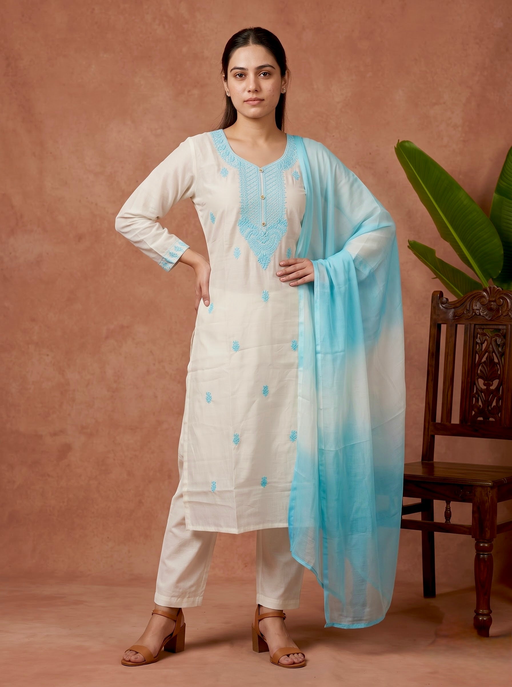 Off-White Chikankari Embroidered Slub Cotton Kurta Set