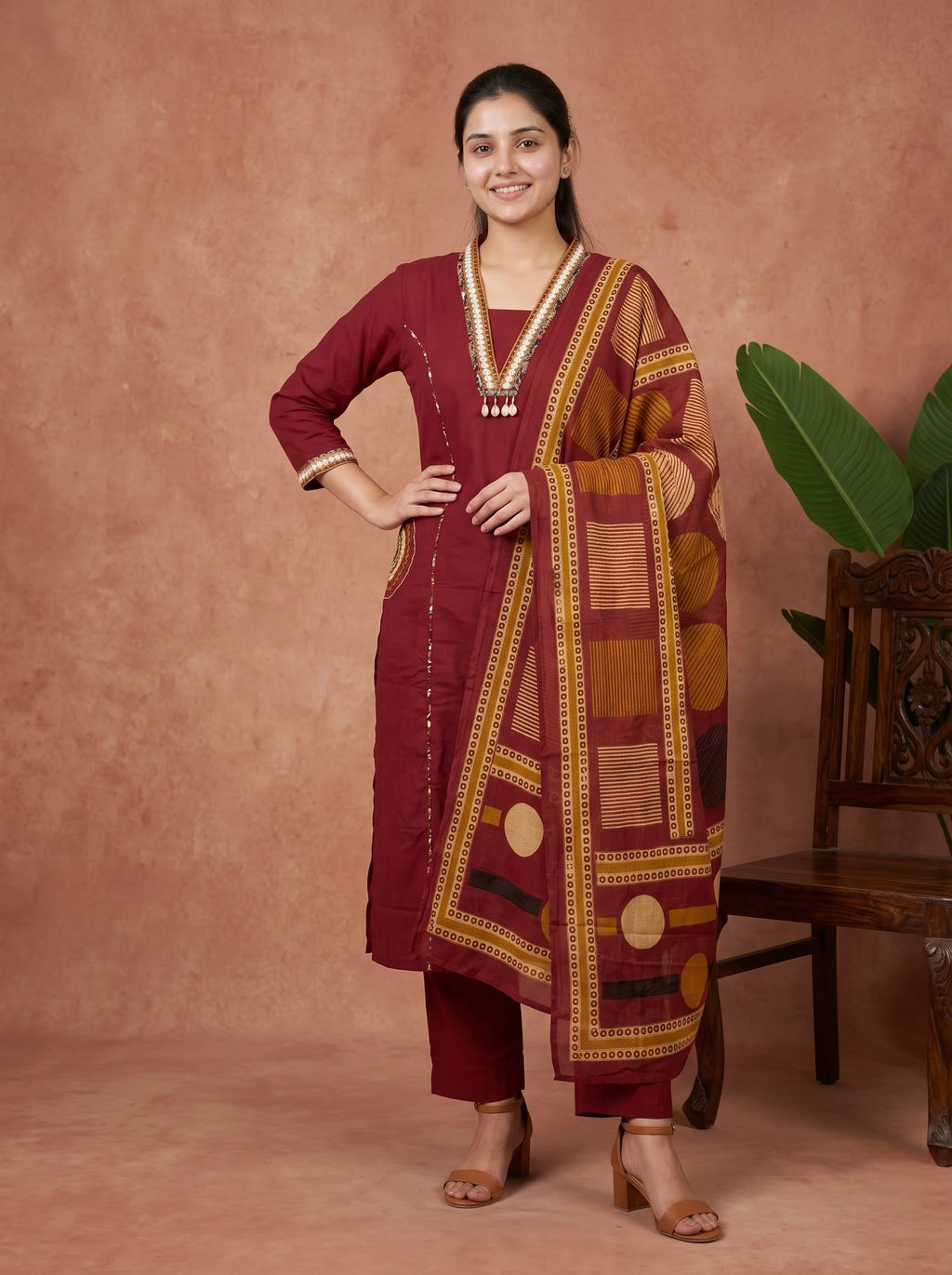 Maroon Premium Cotton Kurta Set with Embellished Neck & Printed Dupatta