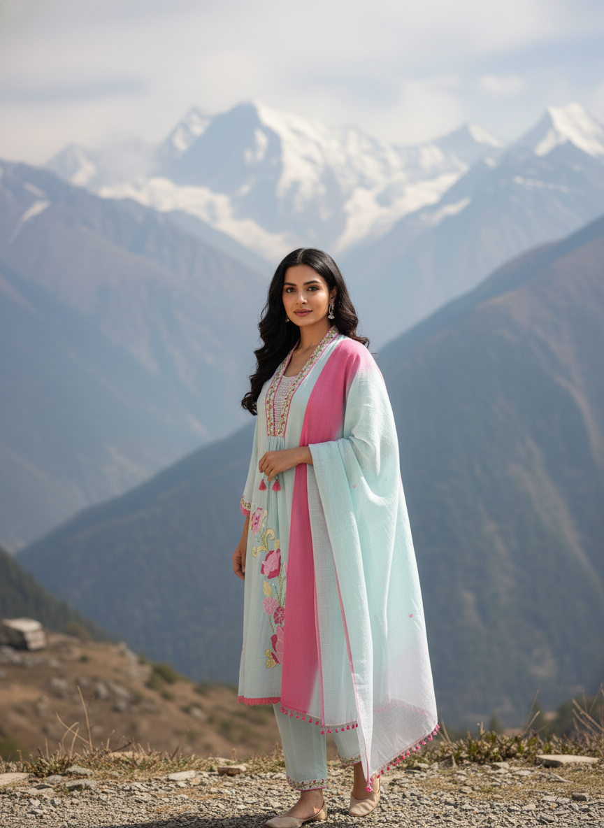 Pastel Mint & Rose Floral Embroidered Cotton Kurta Set with Palazzo