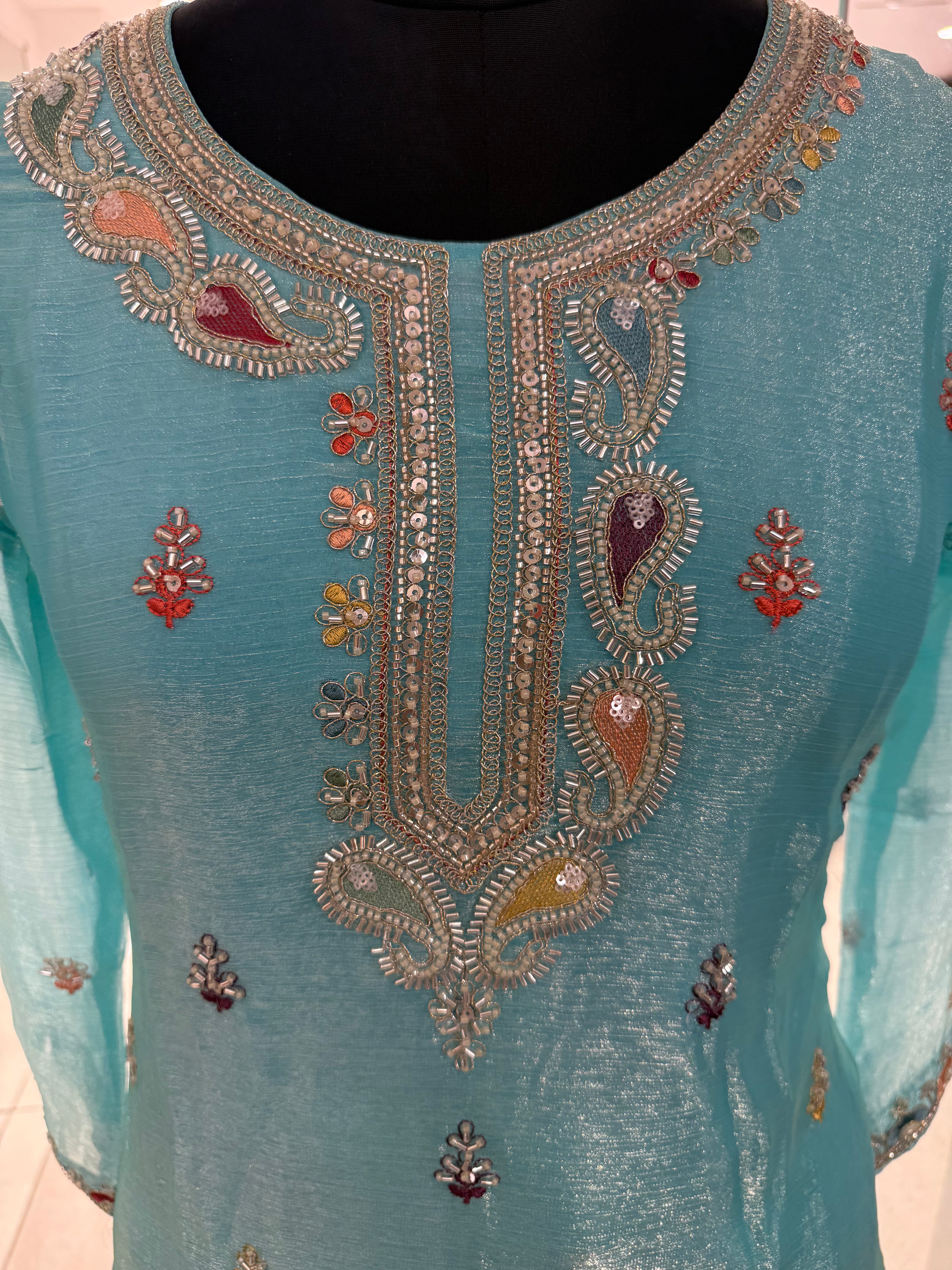 Light Firozee Georgette Kurta Set with Multi-Color Thread and Sequin Embroidery