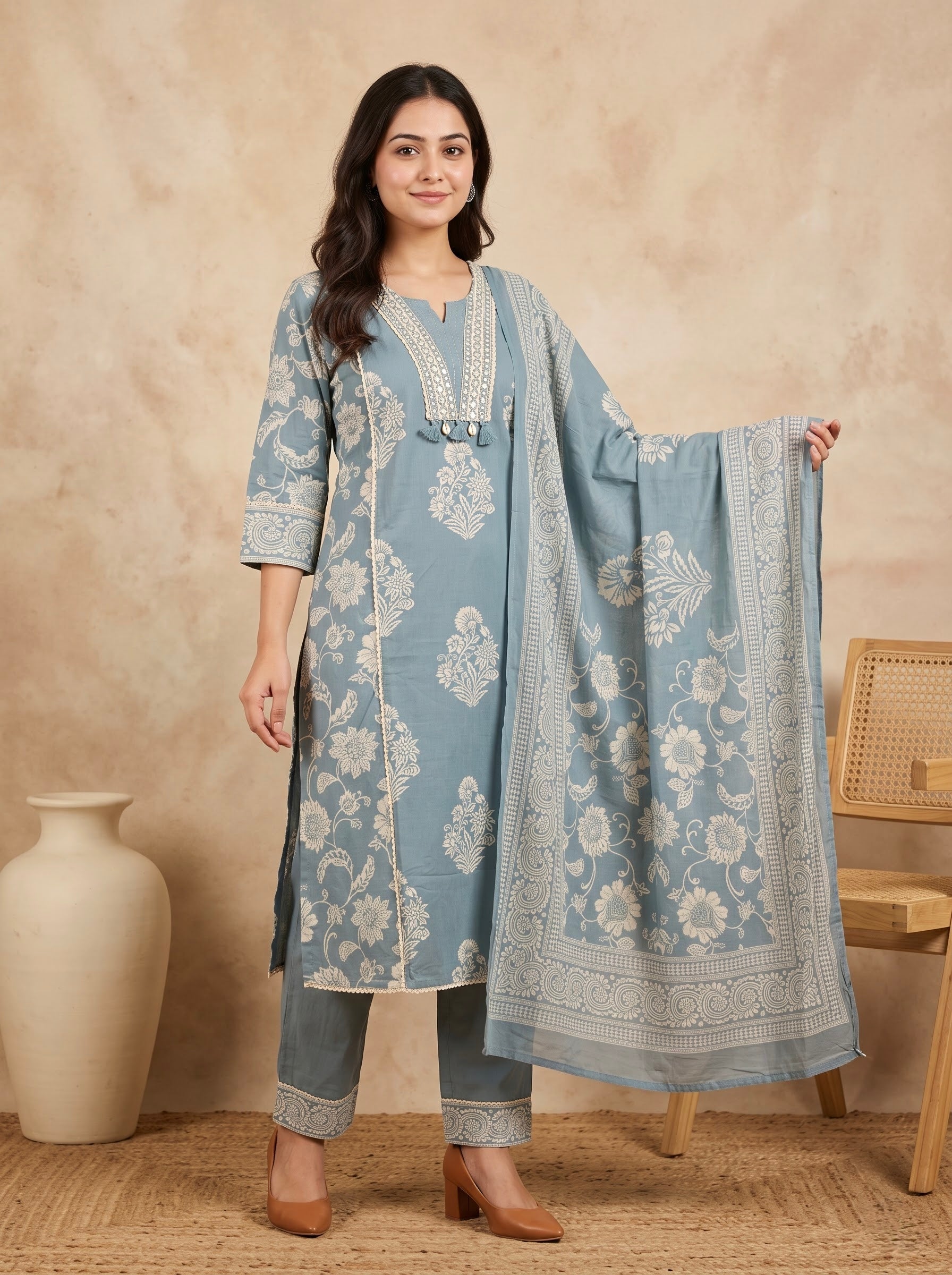 Dusty Blue Floral Print Premium Cotton Kurta Set