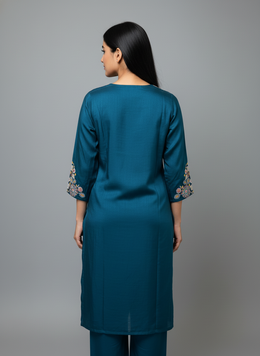 Midnight Teal Silk Embroidered Suit Set with Banarasi-Style Dupatta