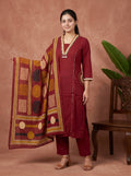 Maroon Premium Cotton Kurta Set with Embellished Neck & Printed Dupatta