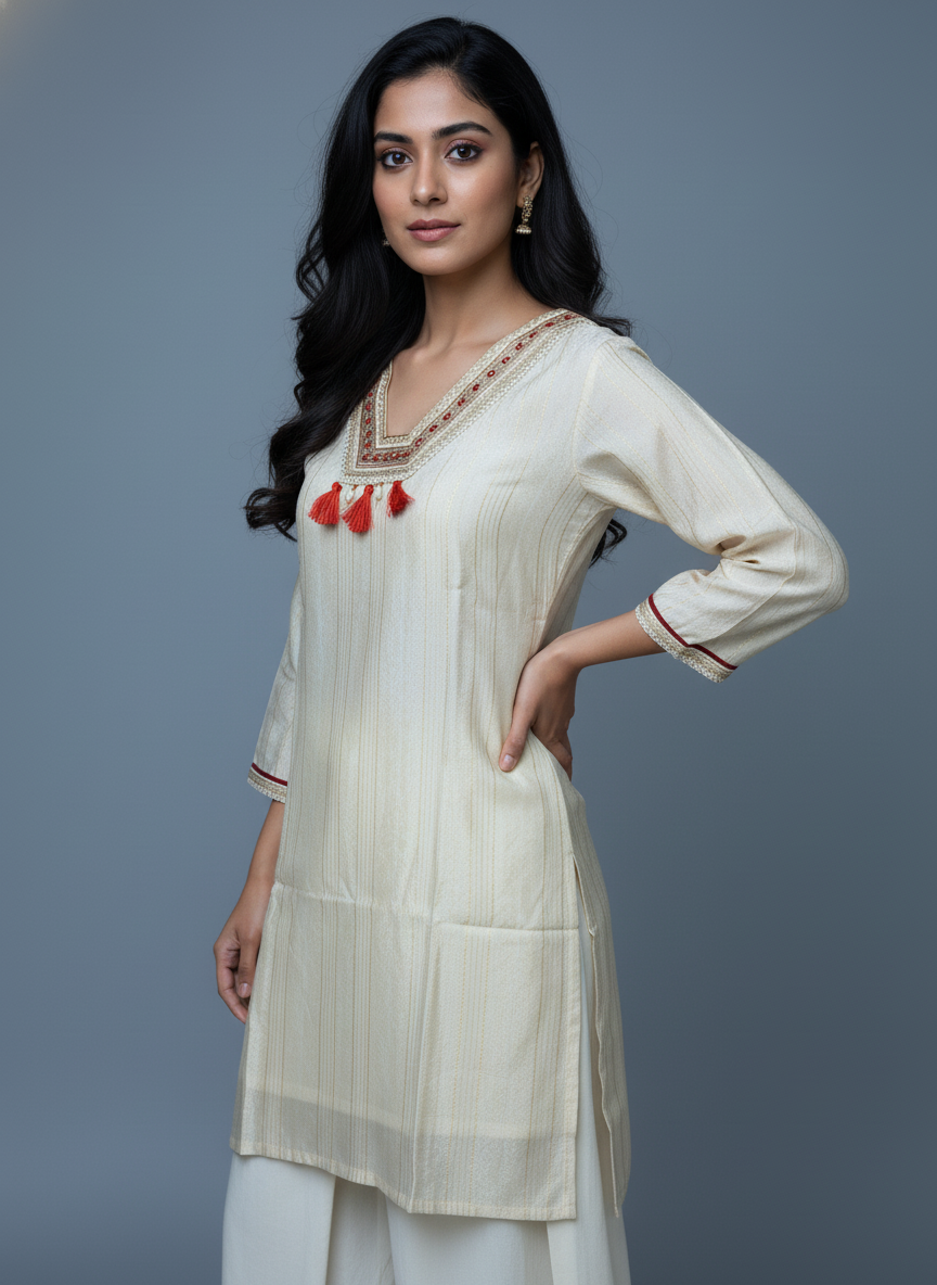 Cream Tissue Silk Salwar Suit Set with Red Bandhani Dupatta