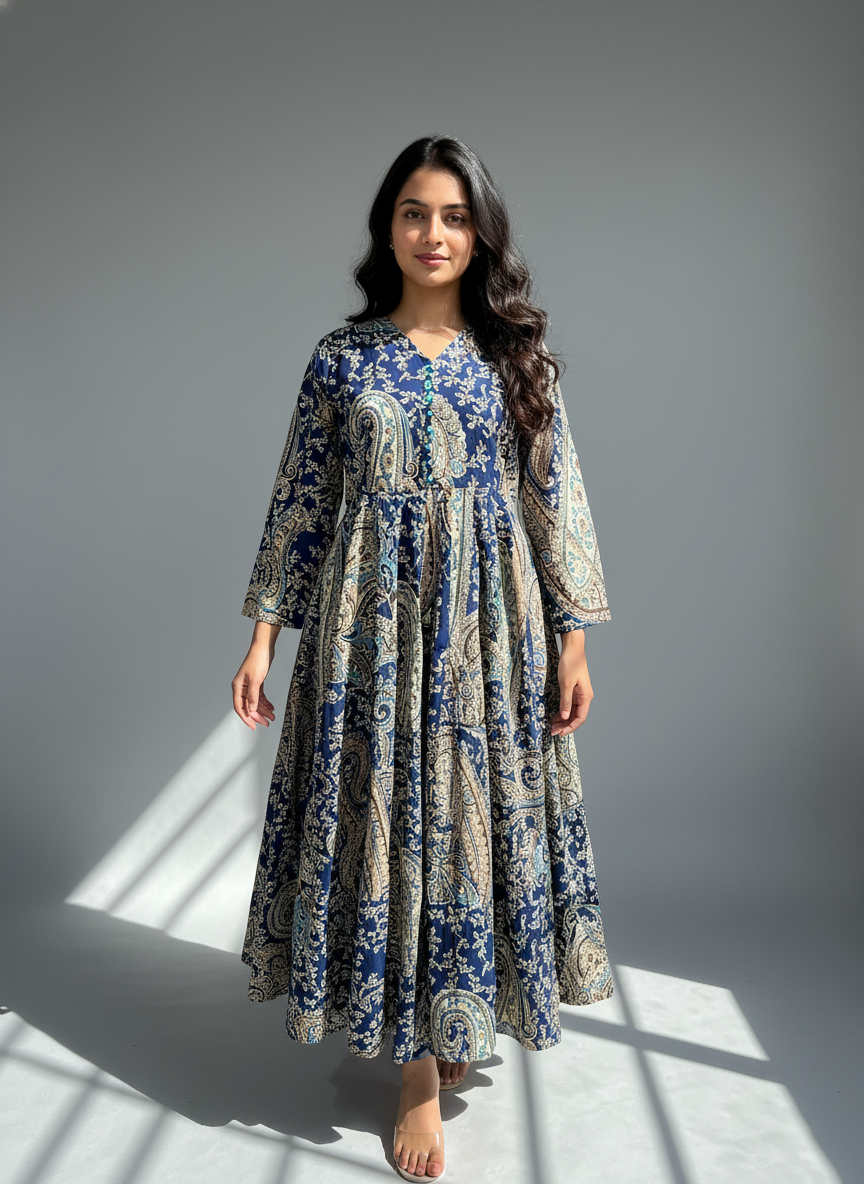 Navy Blue Paisley Cotton Anarkali Suit Set for Women – Printed Daily Wear Kurta