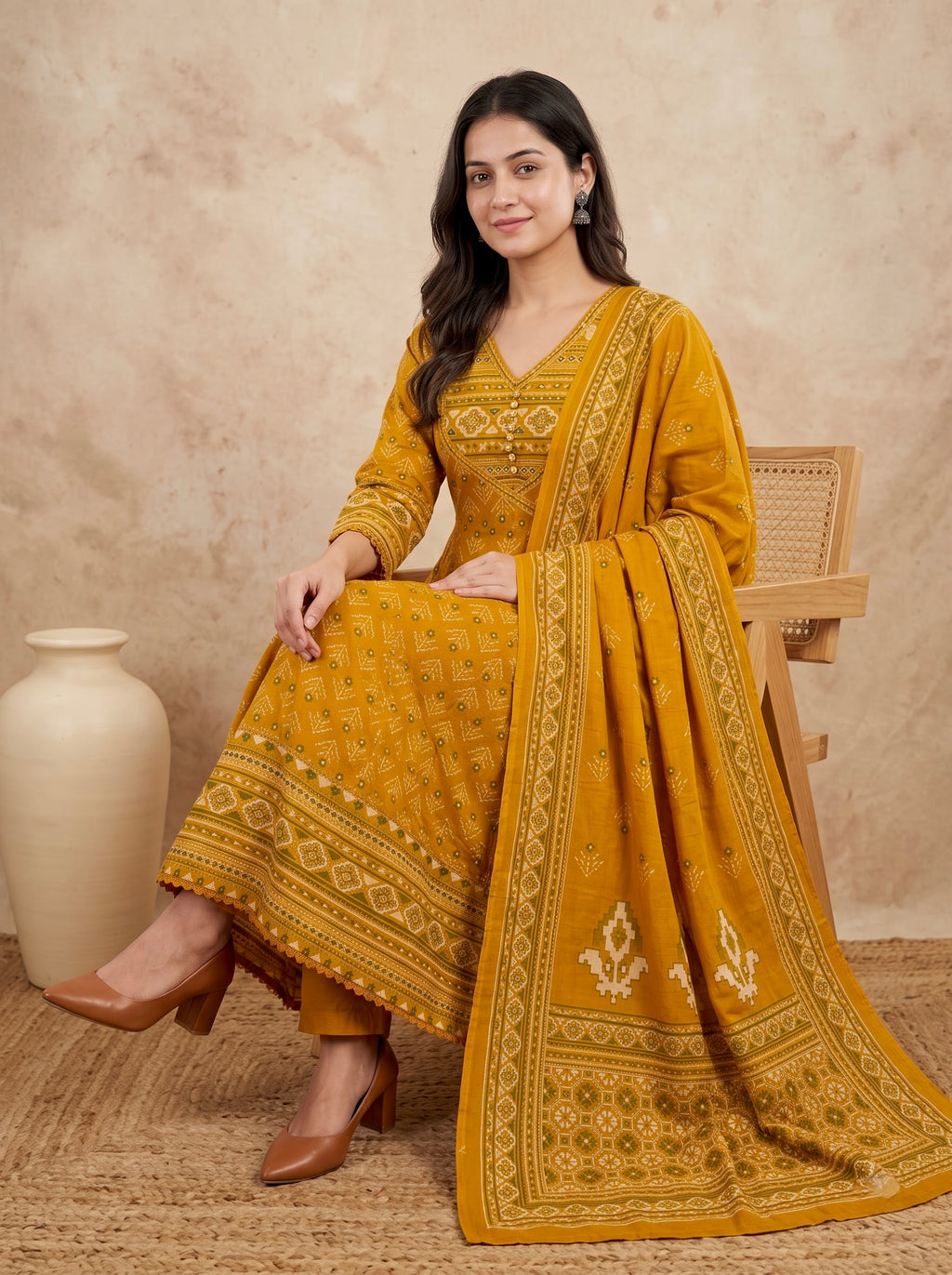 Mustard  Print Premium Cotton Anarkali Kurta Set
