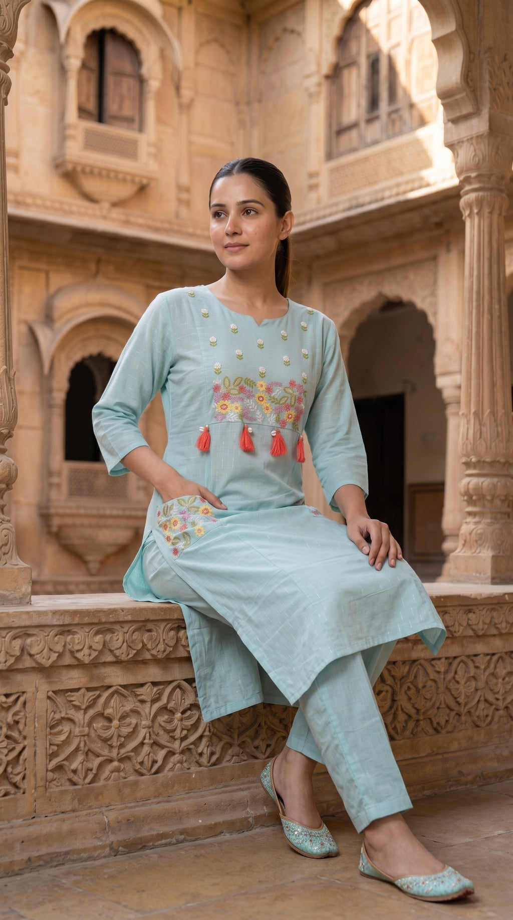Powder Blue Floral Embroidered Cotton Kurta Set for Women – Straight Suit