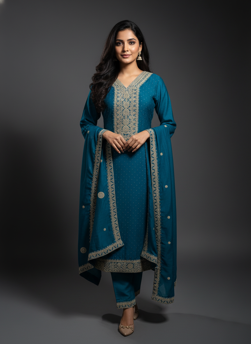 Regal Firozi Viscose Suit Set with Heavy Gold Zari Embroidery