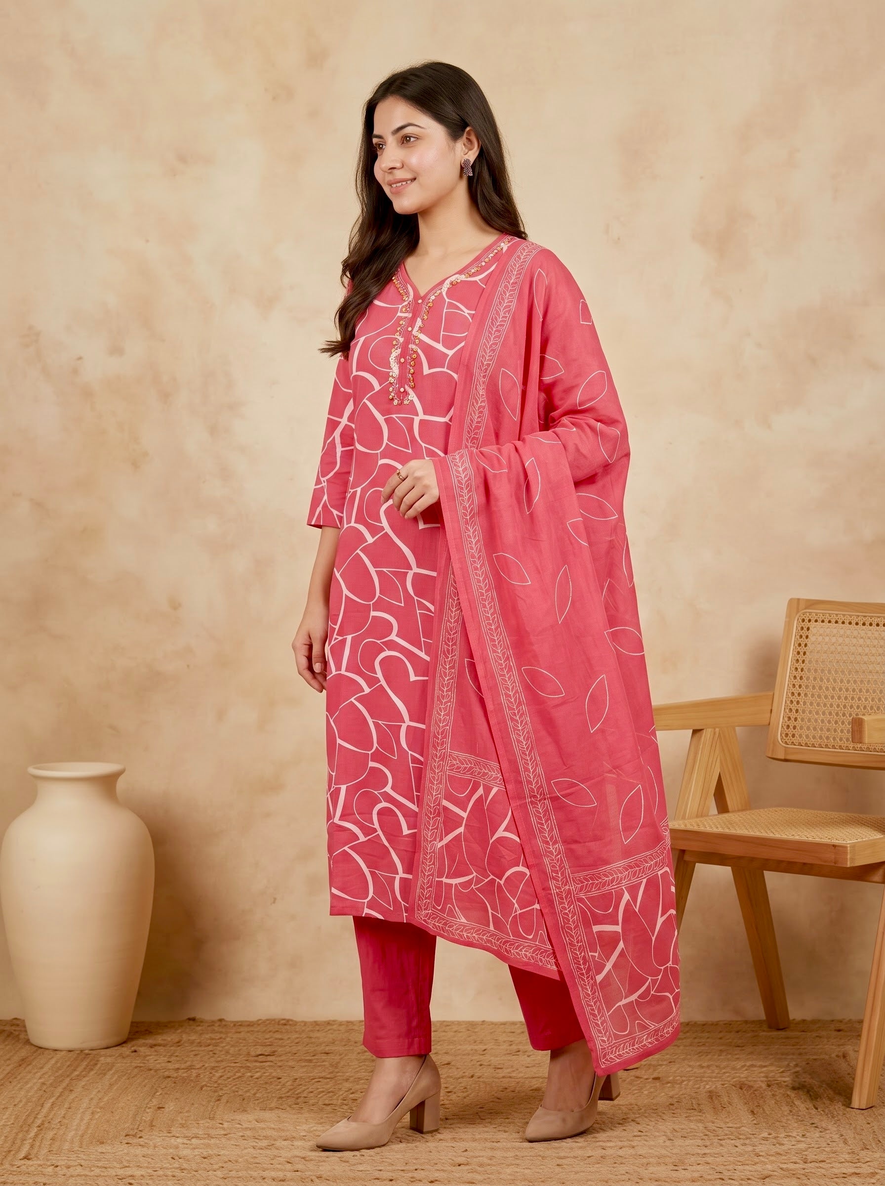 Rose Pink Heart Print Premium Cotton Kurta Set