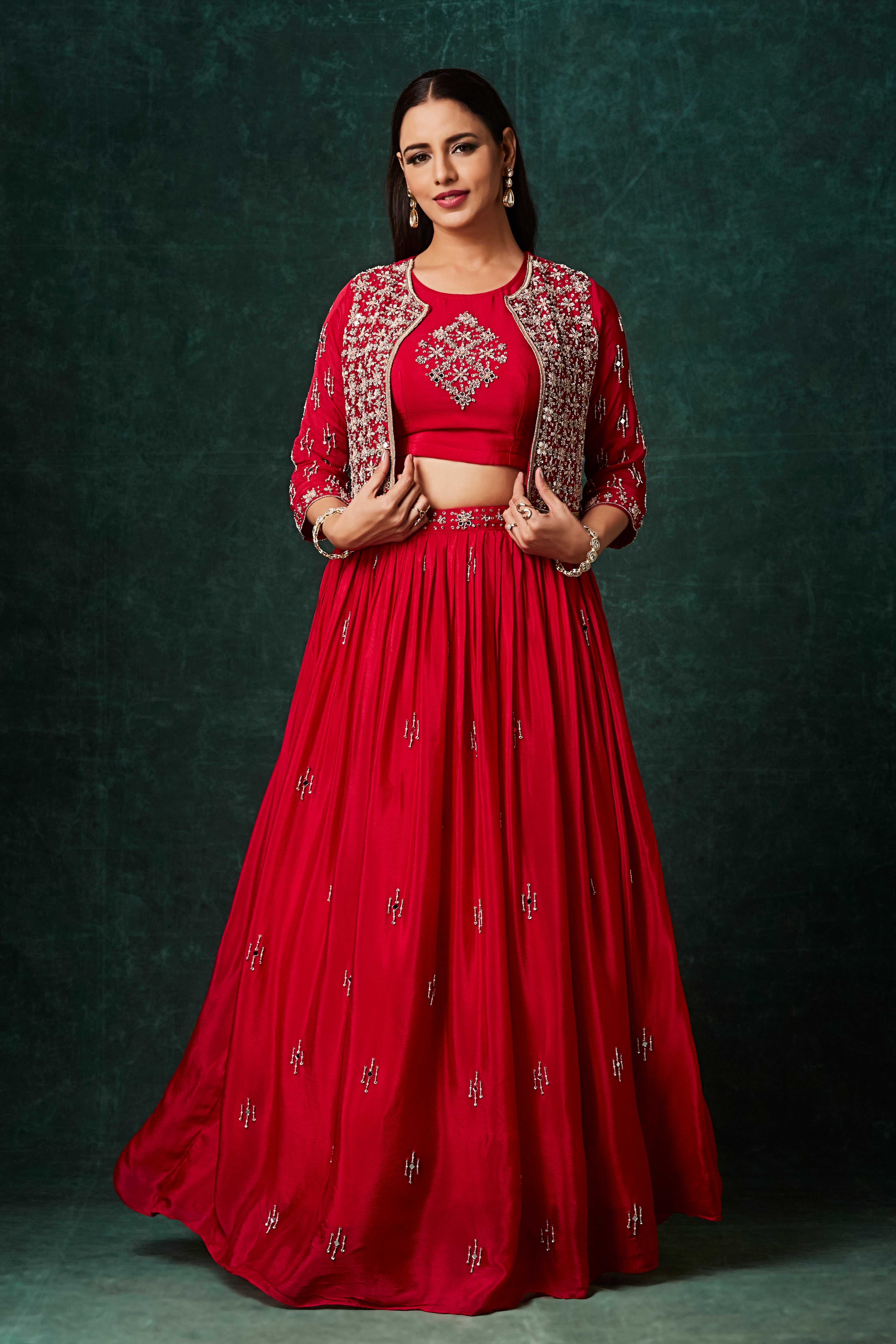 The Crimson Red Lehenga Set with Embroidered Jacket
