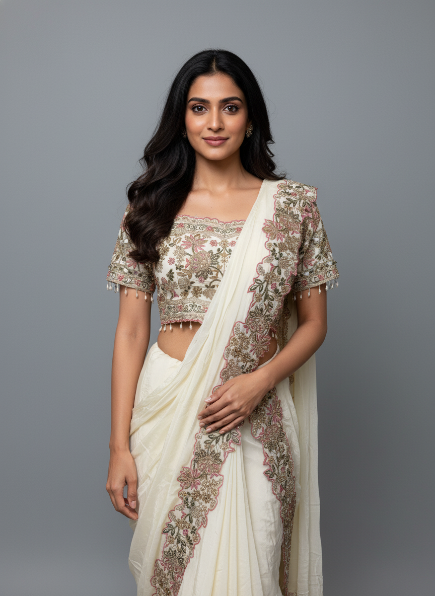Premium Cream Silk Saree with Heavy Embroidered Short-Sleeve Blouse