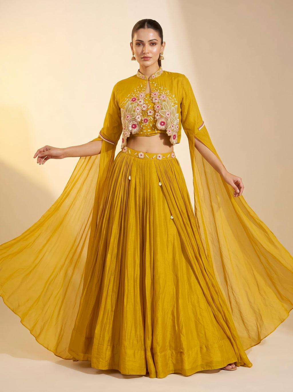 Mustard Pure Georgette Crop Top Lehenga Set with Cape Sleeves & Floral Embroidery