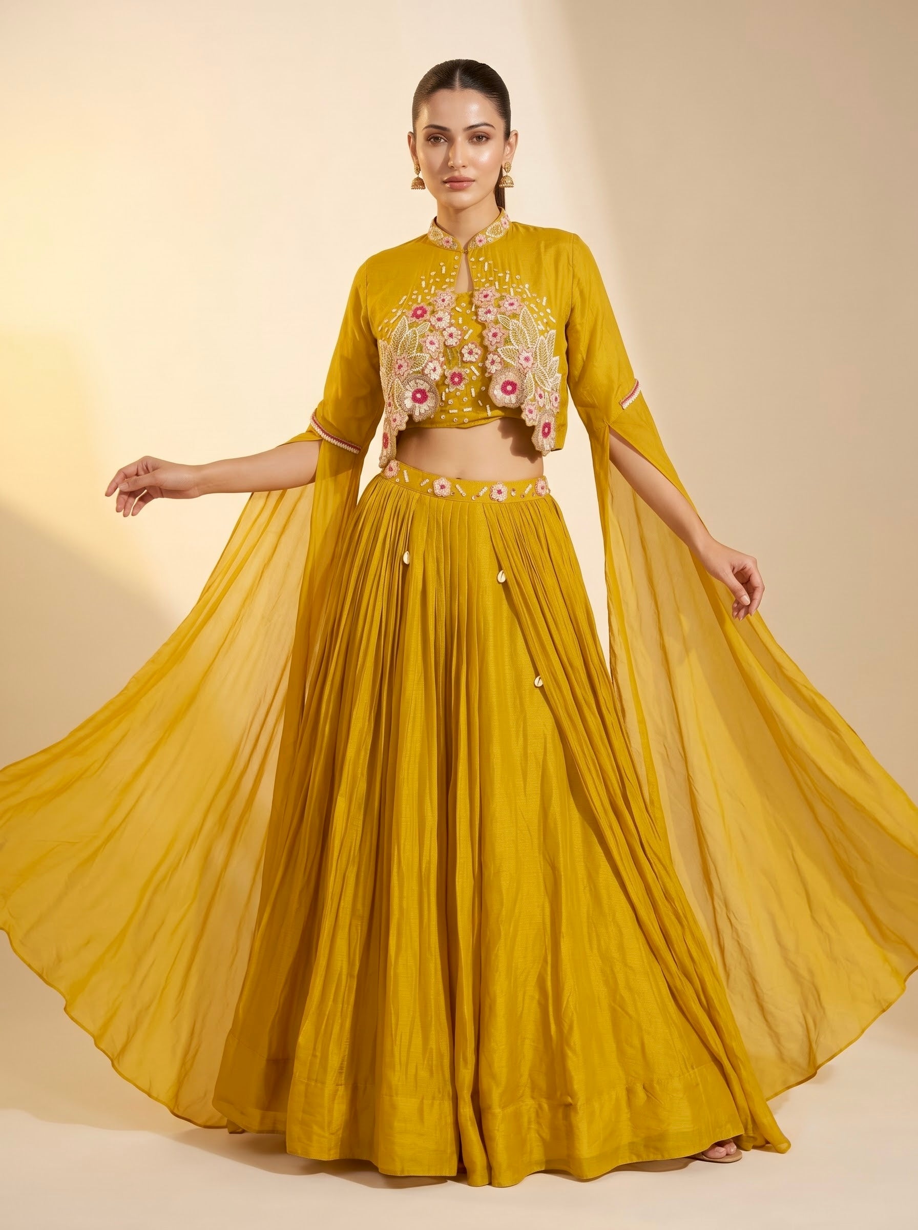 Mustard Pure Georgette Crop Top Lehenga Set with Cape Sleeves & Floral Embroidery