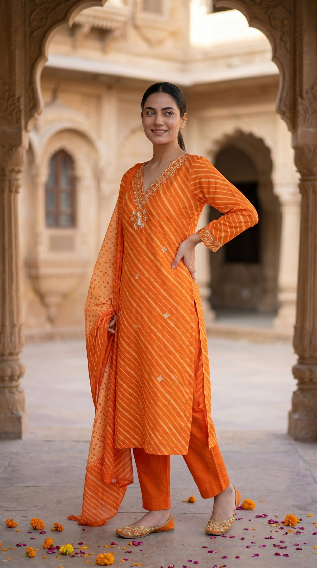 Orange Leheriya Print Cotton Kurta Set for Women – Straight Suit with Bandhani Dupatta