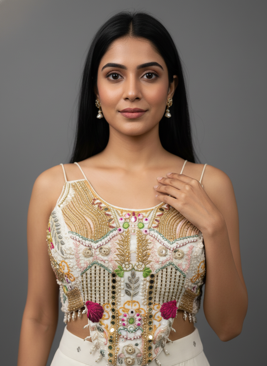 Ivory Georgette Flared Palazzo Set with Embellished Crop Top