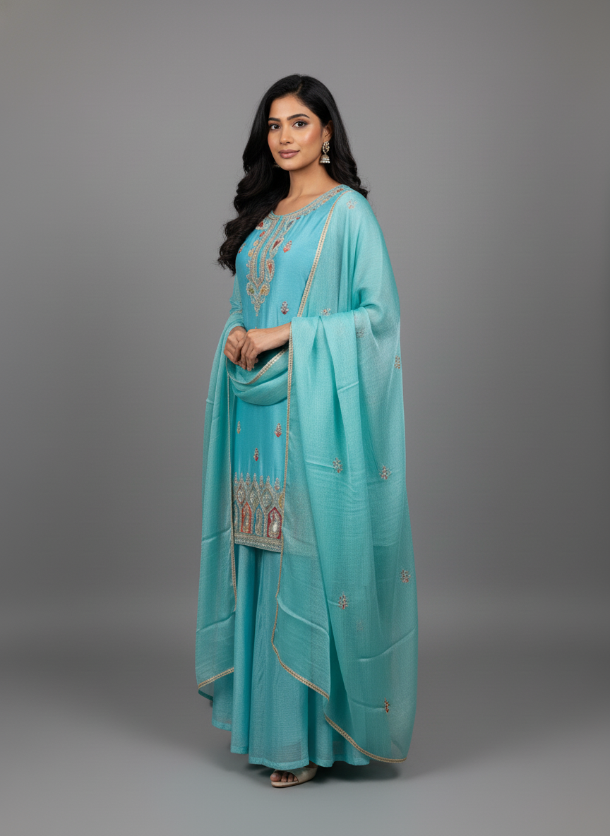 Light Firozee Georgette Kurta Set with Multi-Color Thread and Sequin Embroidery