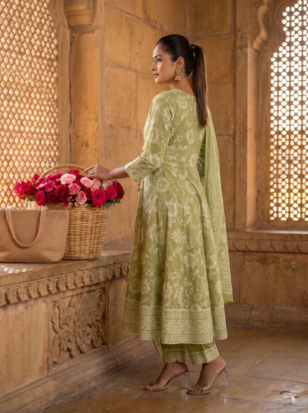 Sage Green Floral Print Premium Cotton Kurta Set