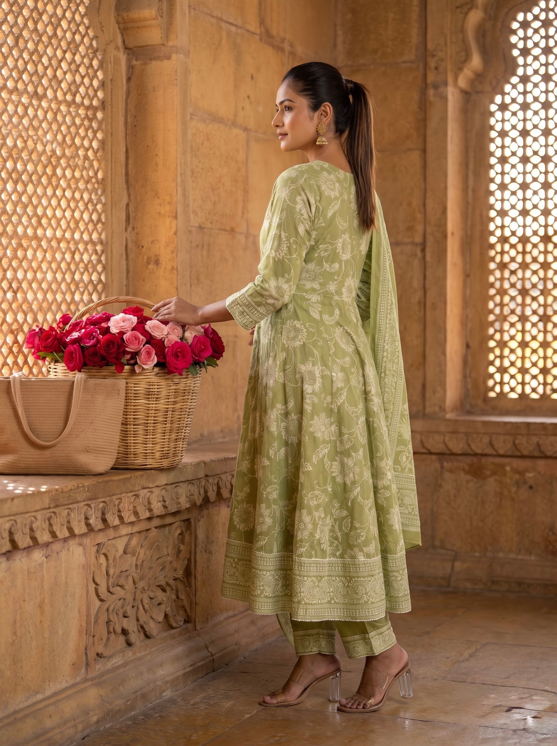 Sage Green Floral Print Premium Cotton Kurta Set