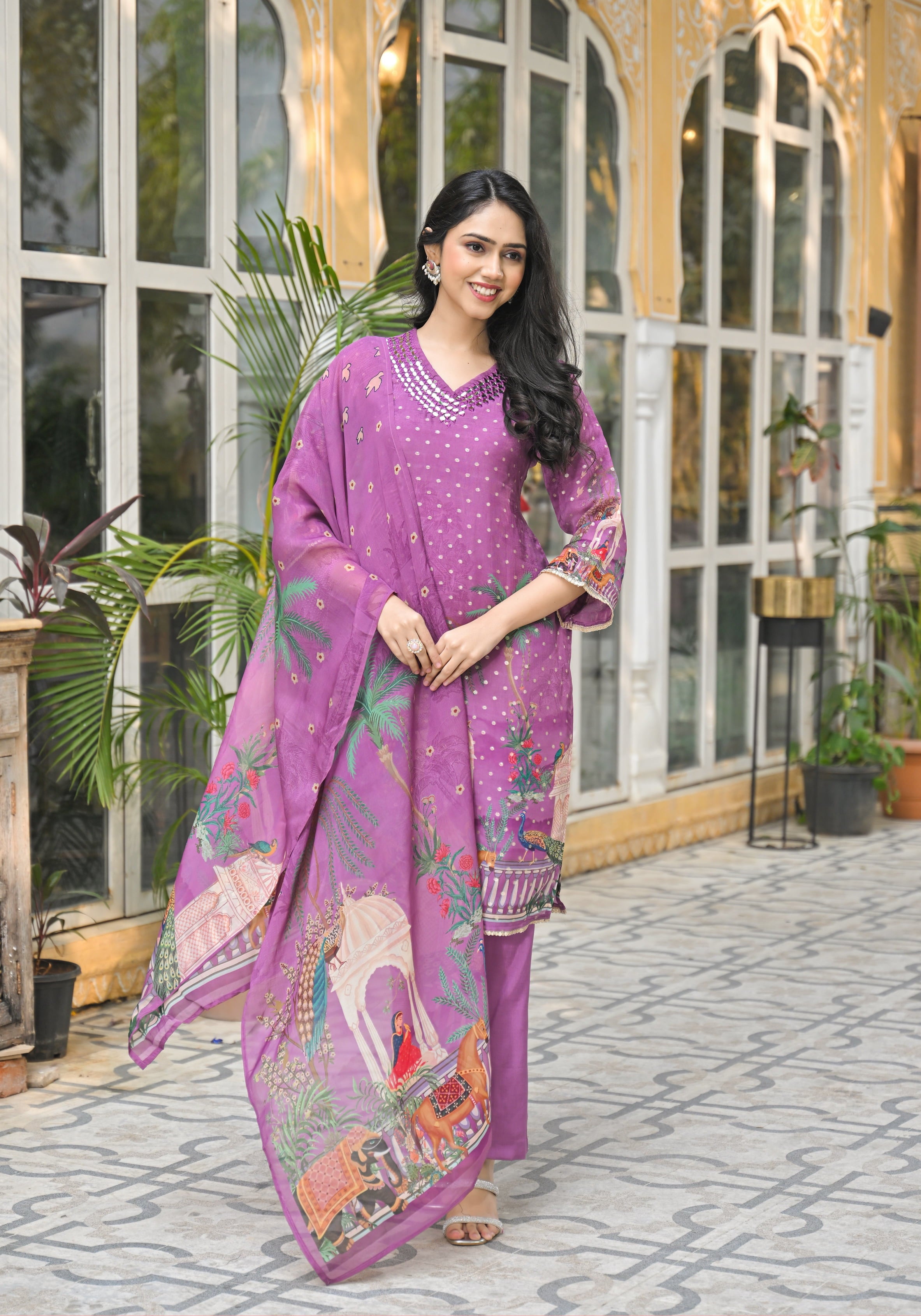 Purple Orgenza Suit Set With Elegant Neck Work And Print