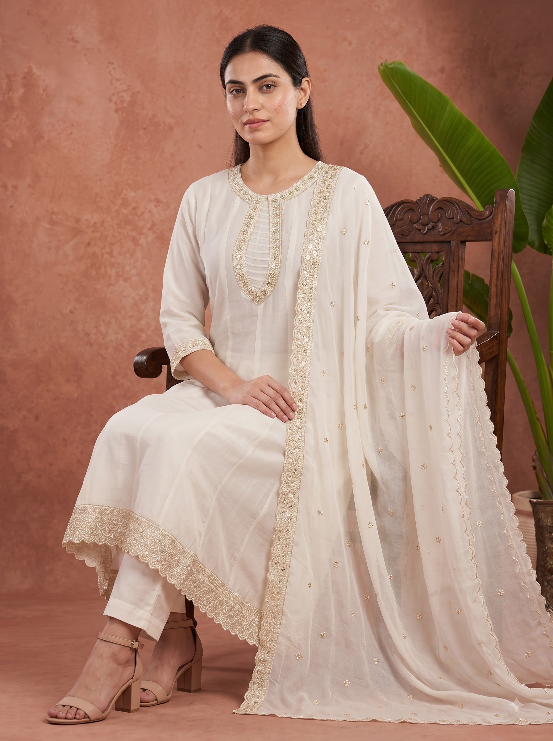 Ivory Zari Embroidered Silk Anarkali Kurta Set