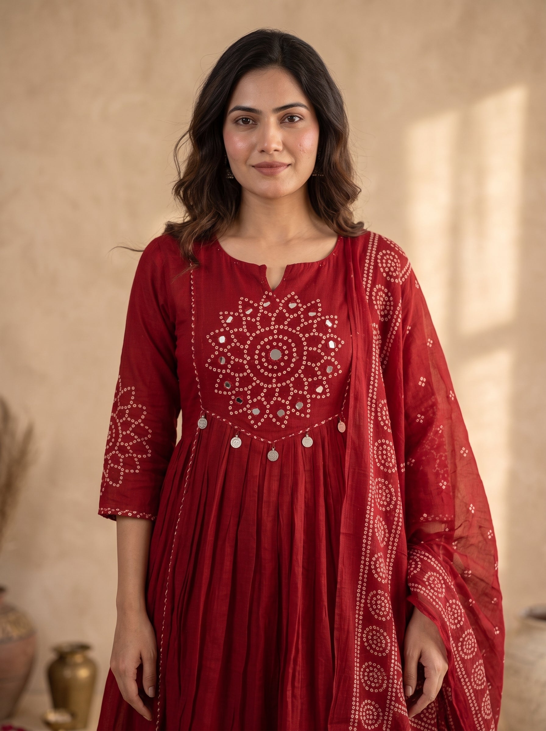 Red Bandhani Mirror Work Anarkali Kurta Set with Dupatta